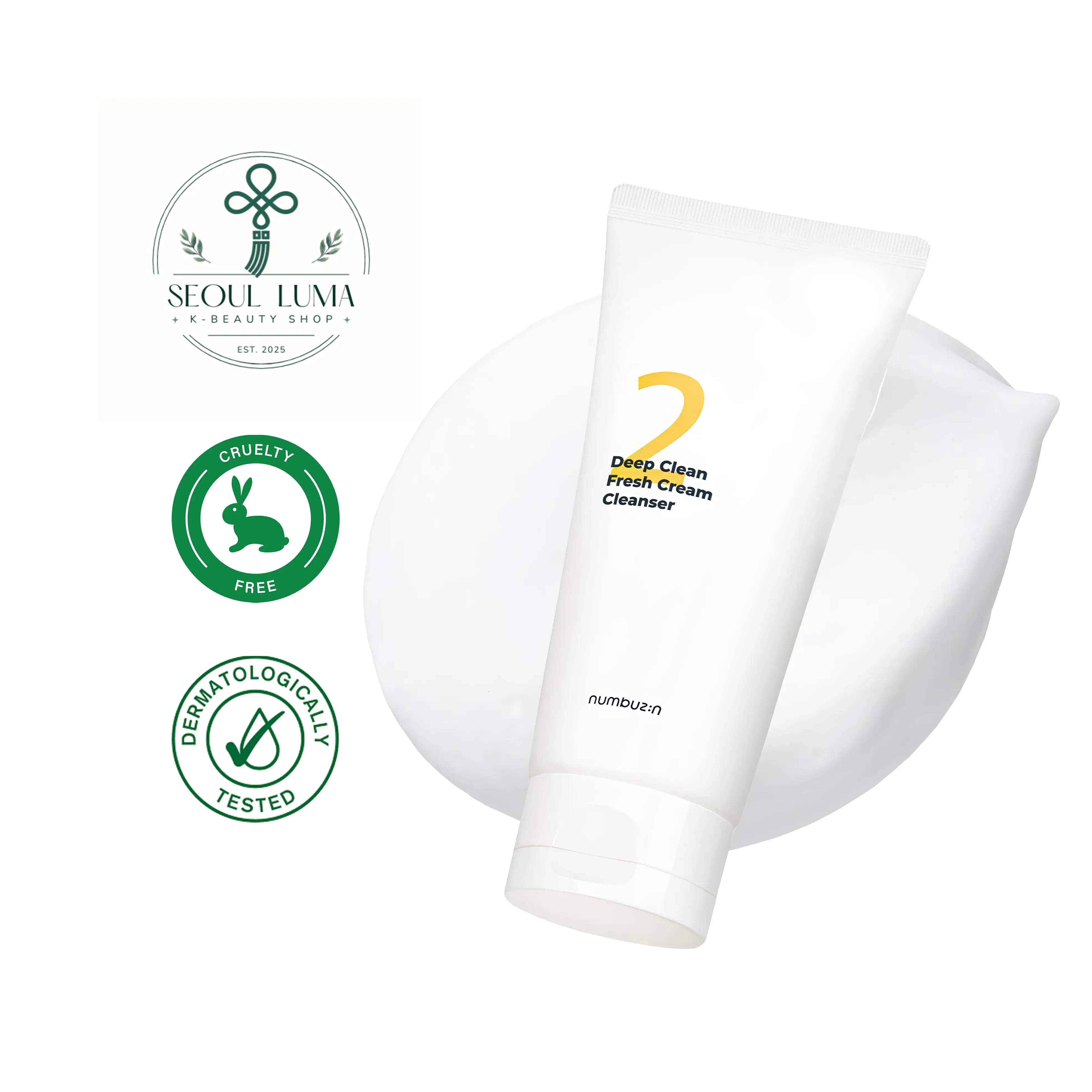 NUMBUZIN No.2 Deep Clean Fresh Cream Cleanser with coconut-derived surfactants, glycerin, quillaja bark extract, and 4 moisturizing ingredients for gentle deep cleansing