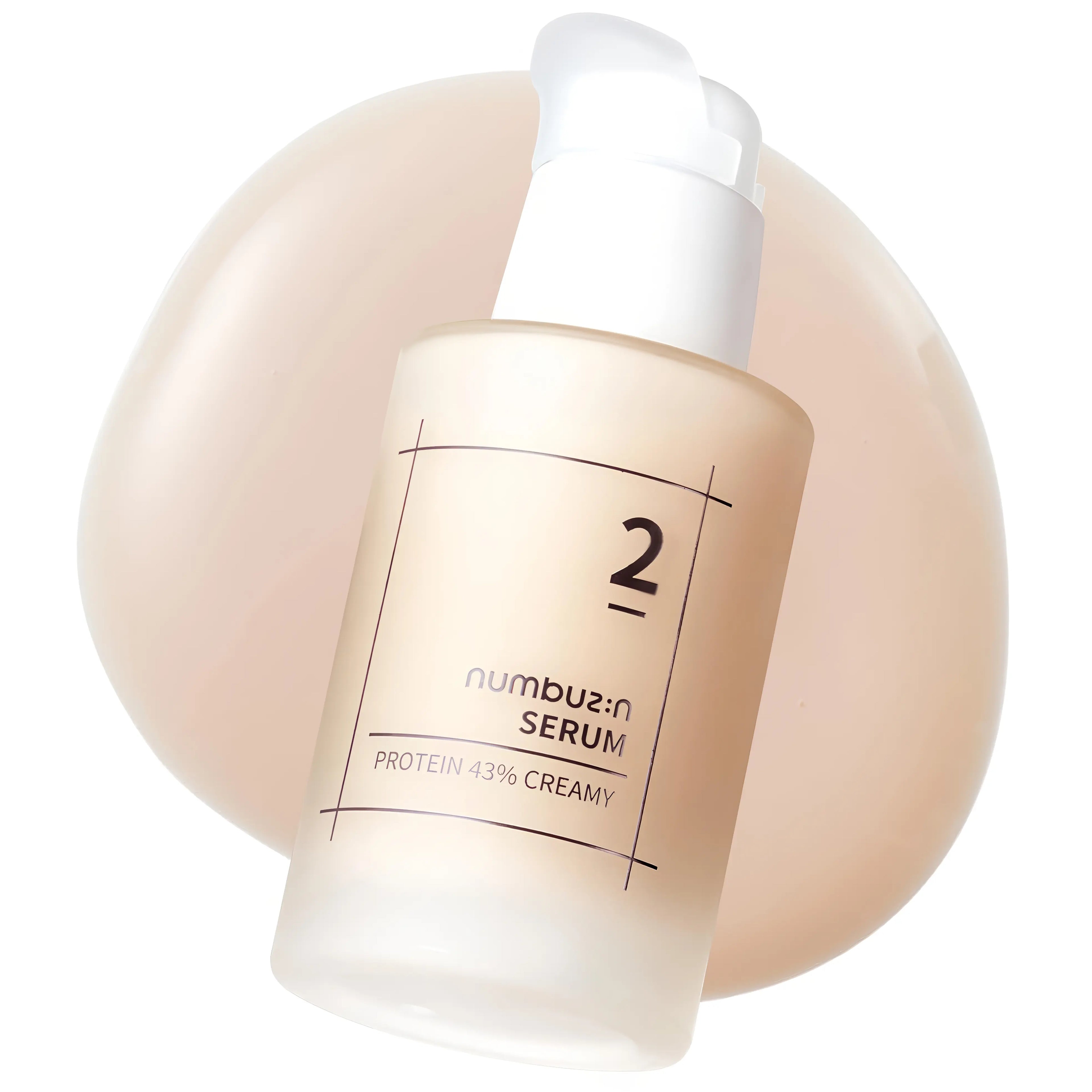 Numbuzin No.2 Protein 43% Creamy Serum (50ml), creamy barrier serum for sensitive, dry, aging skin with 43% protein complex, ceramide, cholesterol, panthenol, probiotics, niacinamide to repair barrier, boost elasticity, deeply hydrate, smooth texture, and firm without greasiness.
