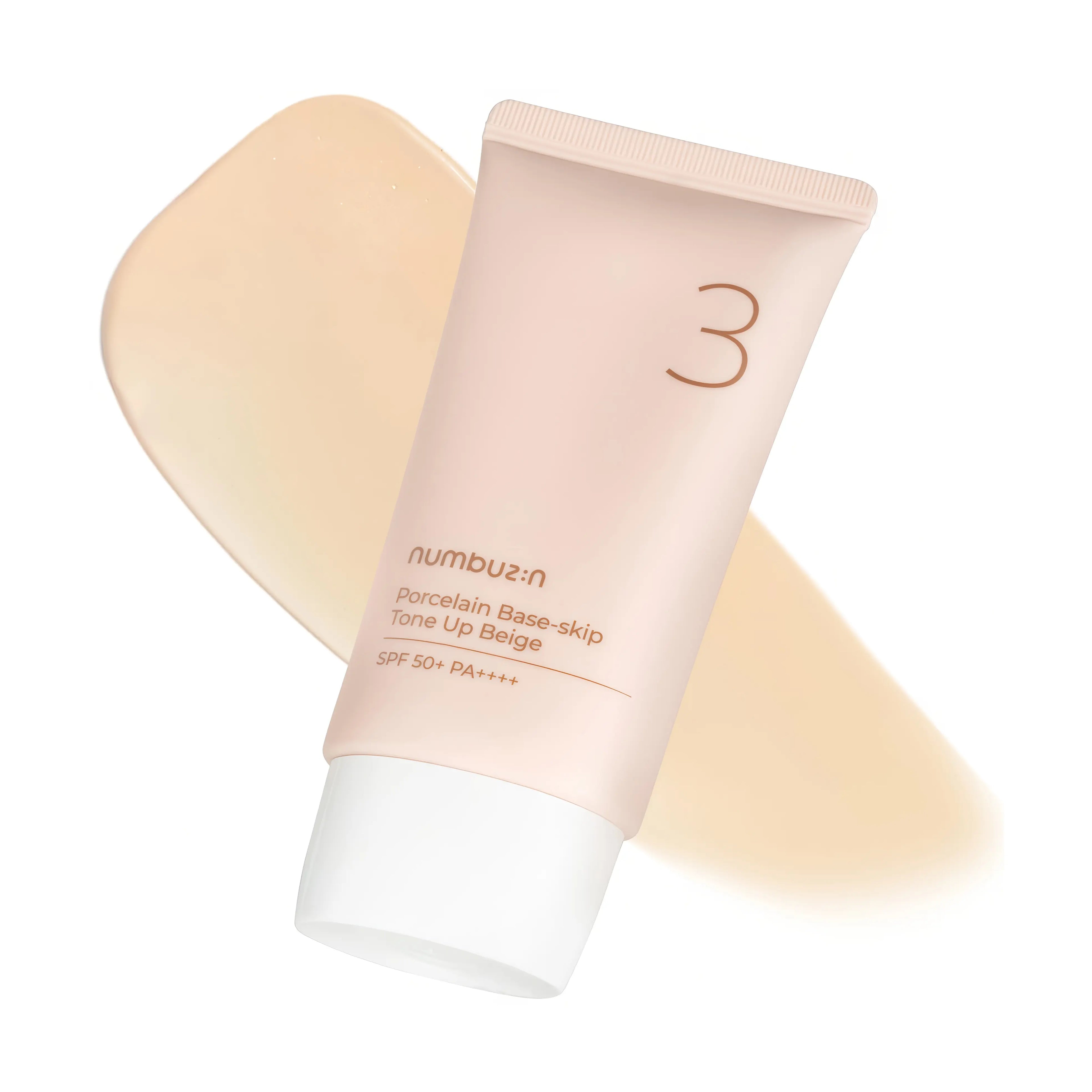 Numbuzin No.3 Porcelain Base-skip Tone Up Beige SPF50+ PA++++ (50ml), multi-tasking beige tinted sunscreen for all skin types with cica, tea tree, zinc oxide to even tone, cover redness, protect UVA/UVB, calm irritation, hydrate, and provide natural porcelain glow without white cast.
