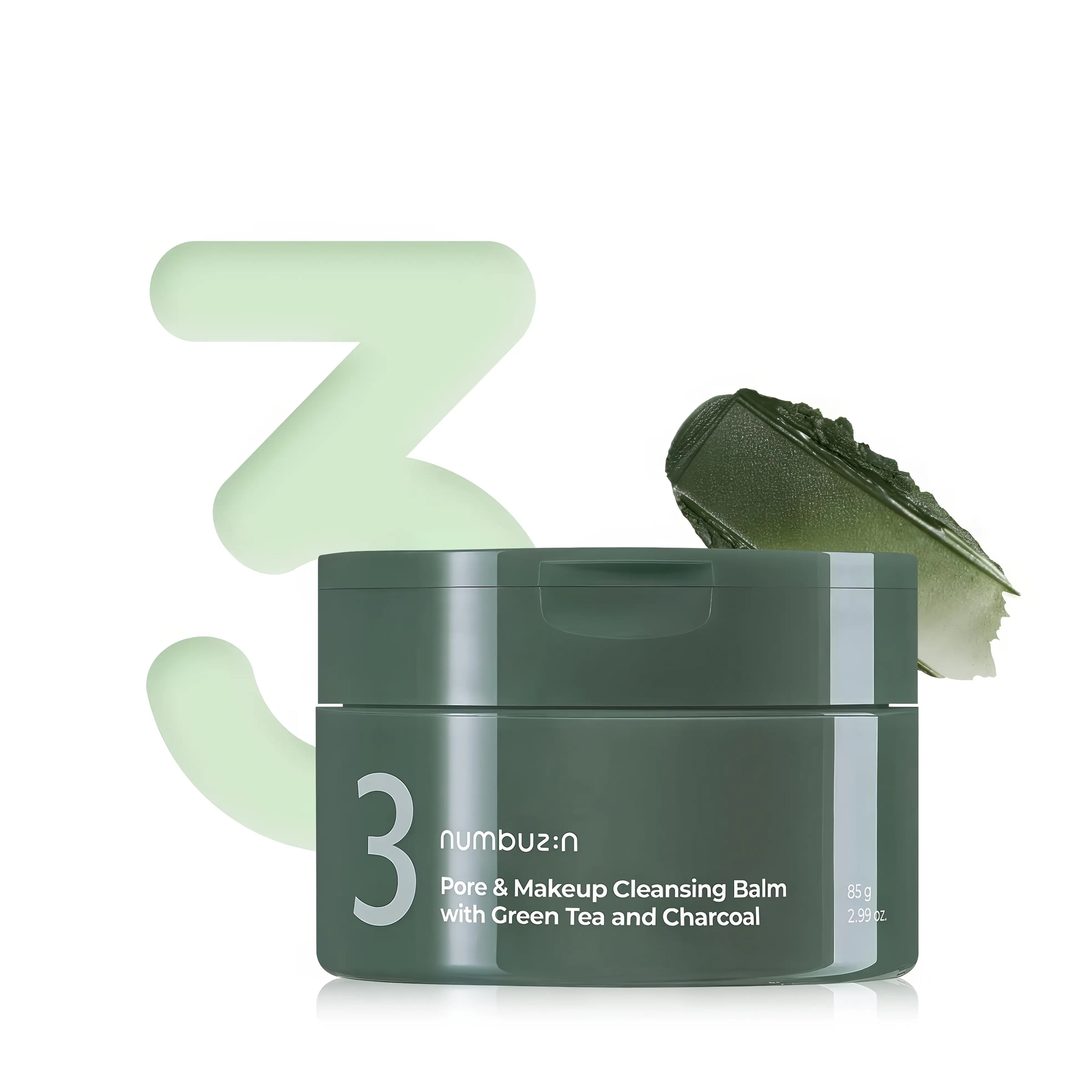 Numbuzin No.3 Pore & Makeup Cleansing Balm with Green Tea and Charcoal (85g), solid-to-oil balm for oily, congested, makeup-heavy skin with 10,000ppm green tea powder, 8,000ppm charcoal, tea tree oil, kaolin clay to dissolve waterproof makeup, unclog pores, absorb excess sebum, detoxify, and refresh without residue.
