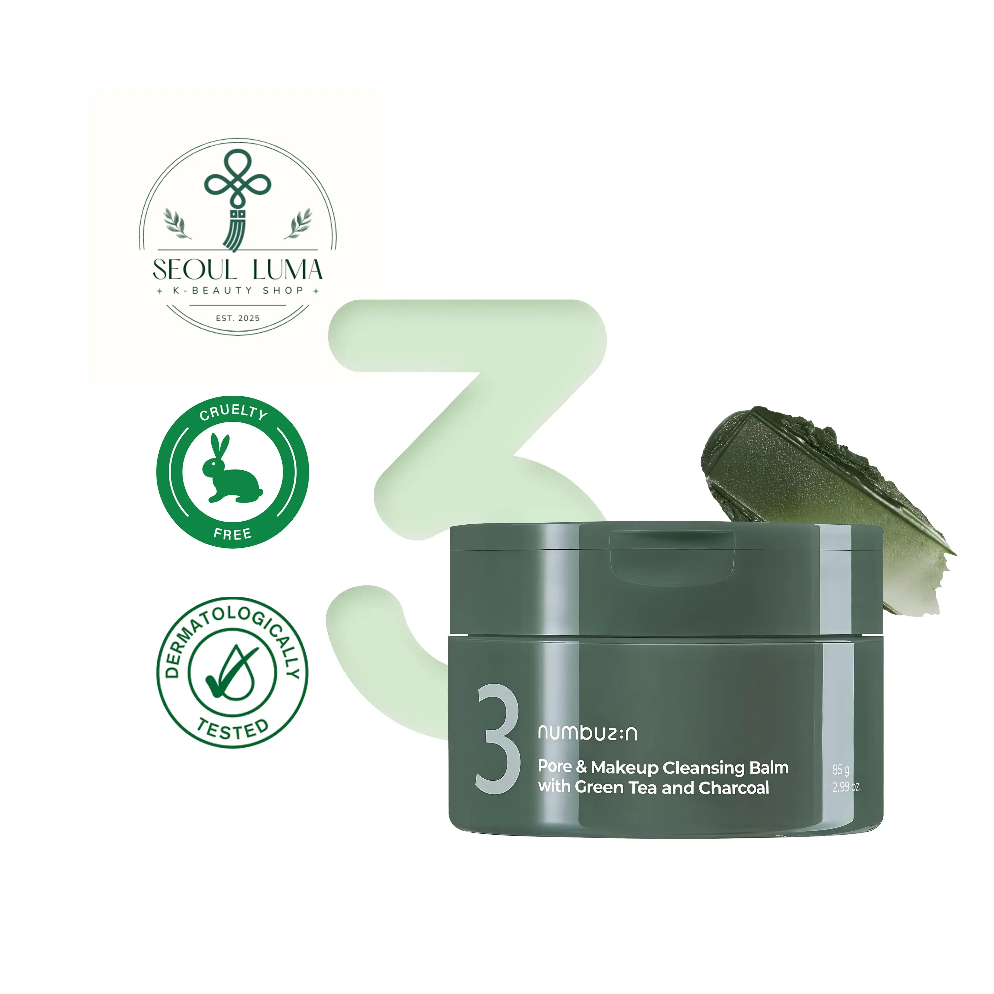 NUMBUZIN No.3 Pore & Makeup Cleansing Balm with 8000ppm charcoal powder, 10000ppm green tea leaf powder, tea tree oil, and French clay for deep cleansing and blackhead removal