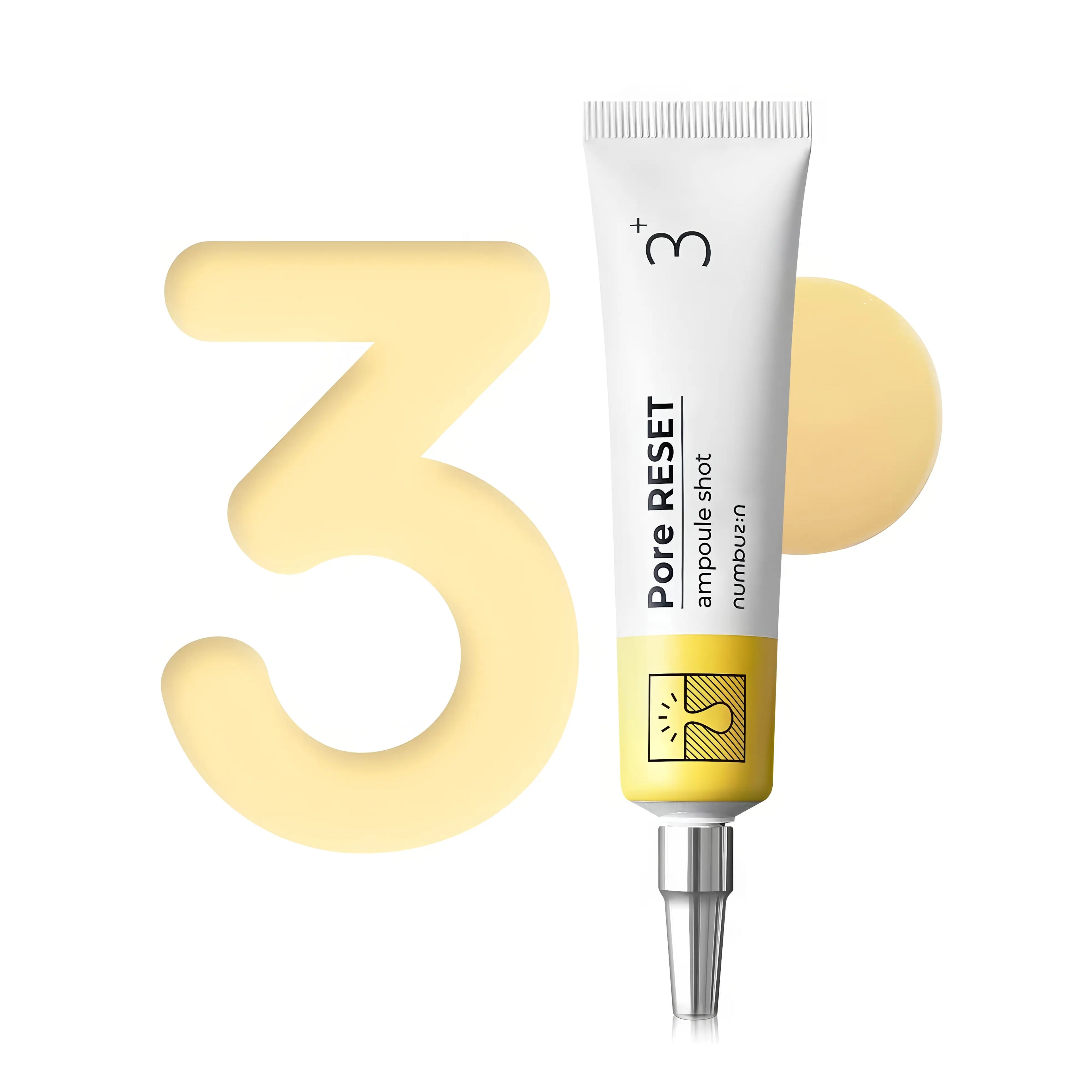 Numbuzin No.3 Pore Reset Ampoule Shot (25ml), intensive pore ampoule for oily, enlarged pores, troubled skin with retinol, silybin, niacinamide, adenosine, ceramide NP, ubiquinone, zinc PCA to tighten pores, improve elasticity, brighten tone, soothe irritation, smooth texture, and boost collagen.
