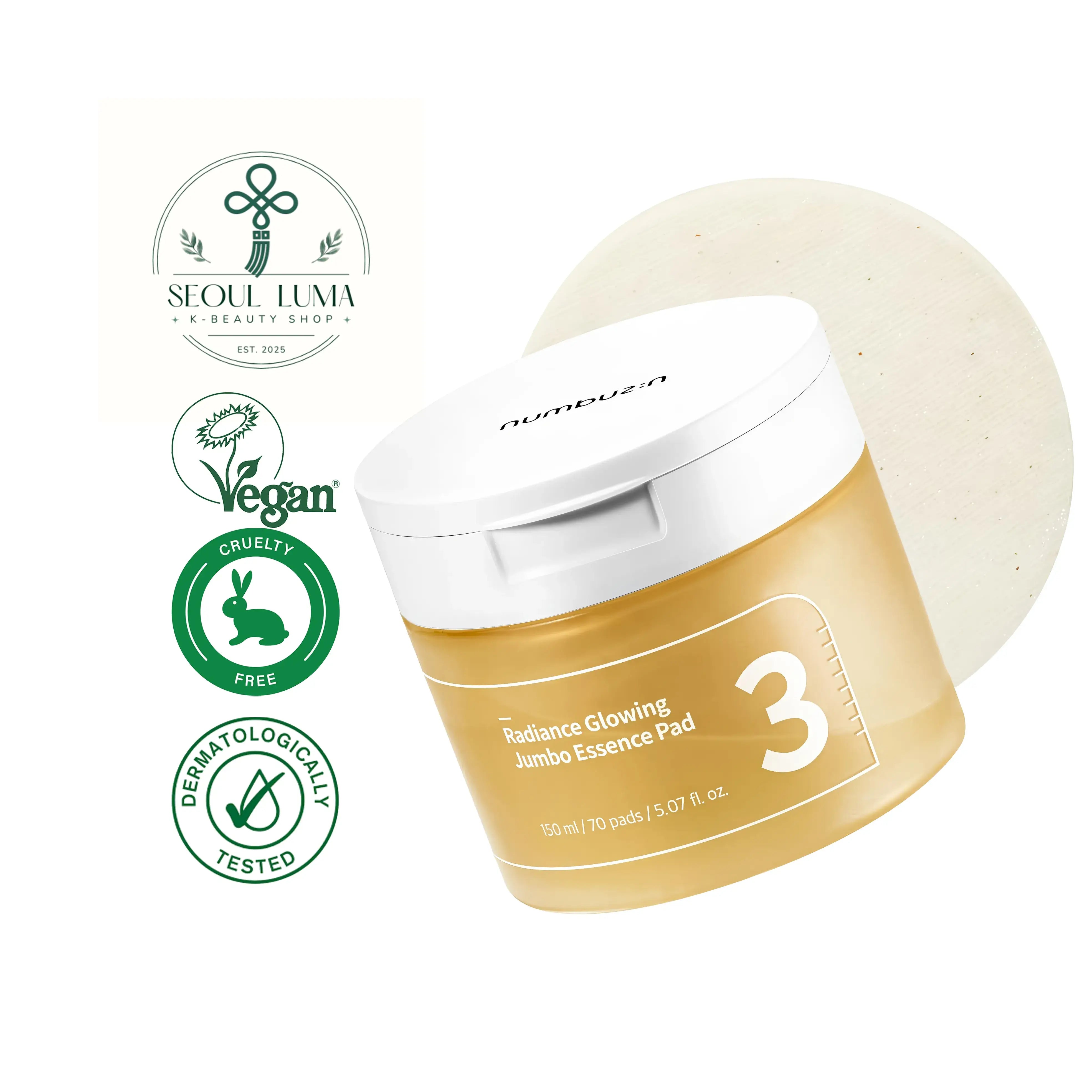 NUMBUZIN No.3 Radiance Glowing Jumbo Essence Pad with 50 fermented ingredients, niacinamide, and golden calming complex in jumbo-sized biodegradable pads