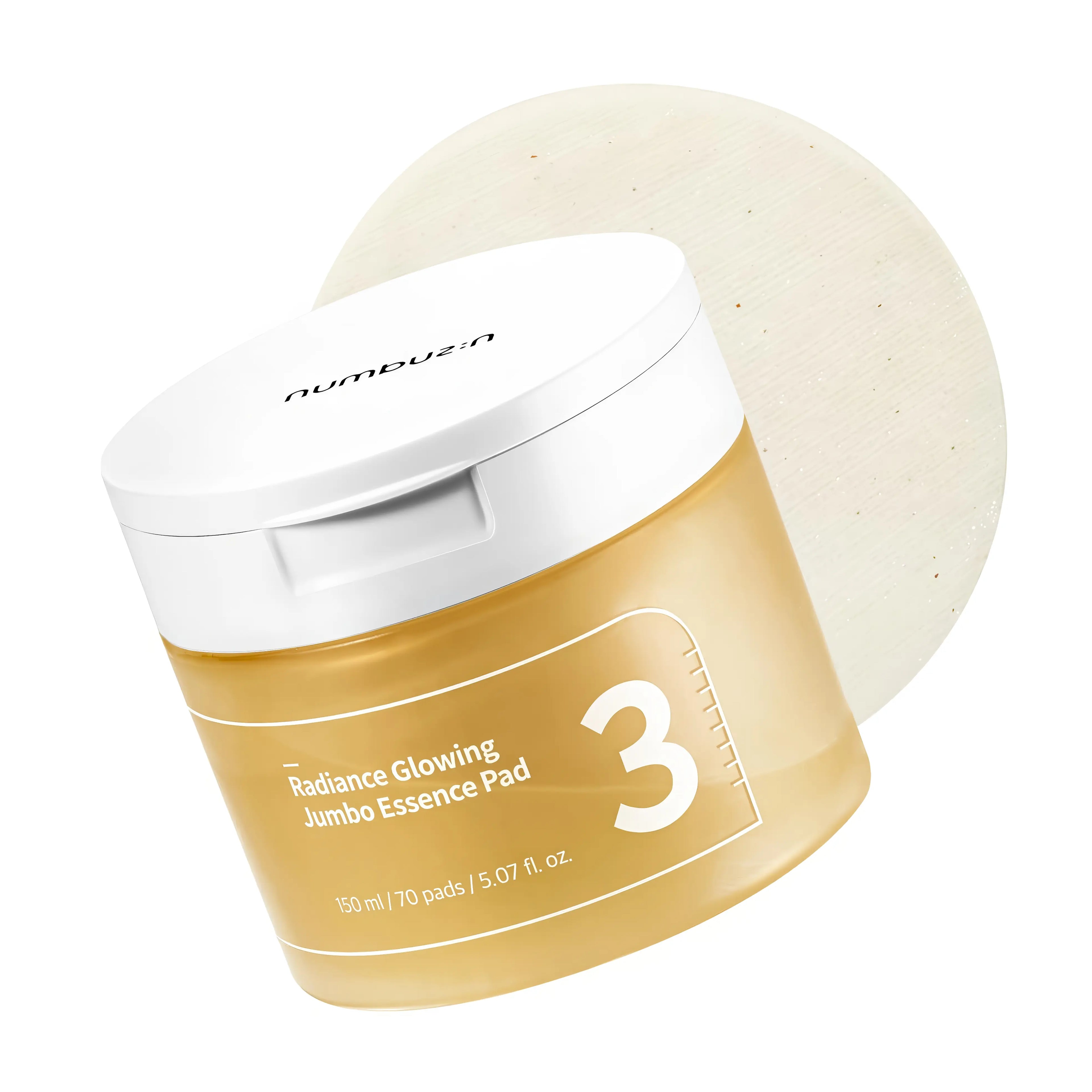 Numbuzin No.3 Radiance Glowing Jumbo Essence Pad (70 pads), 2-in-1 toner and essence pad for dull, dehydrated skin with 50 types of fermented extracts, niacinamide, adenosine, and sodium hyaluronate to deeply hydrate, brighten tone, improve elasticity, and smooth texture for a glass-skin glow.

