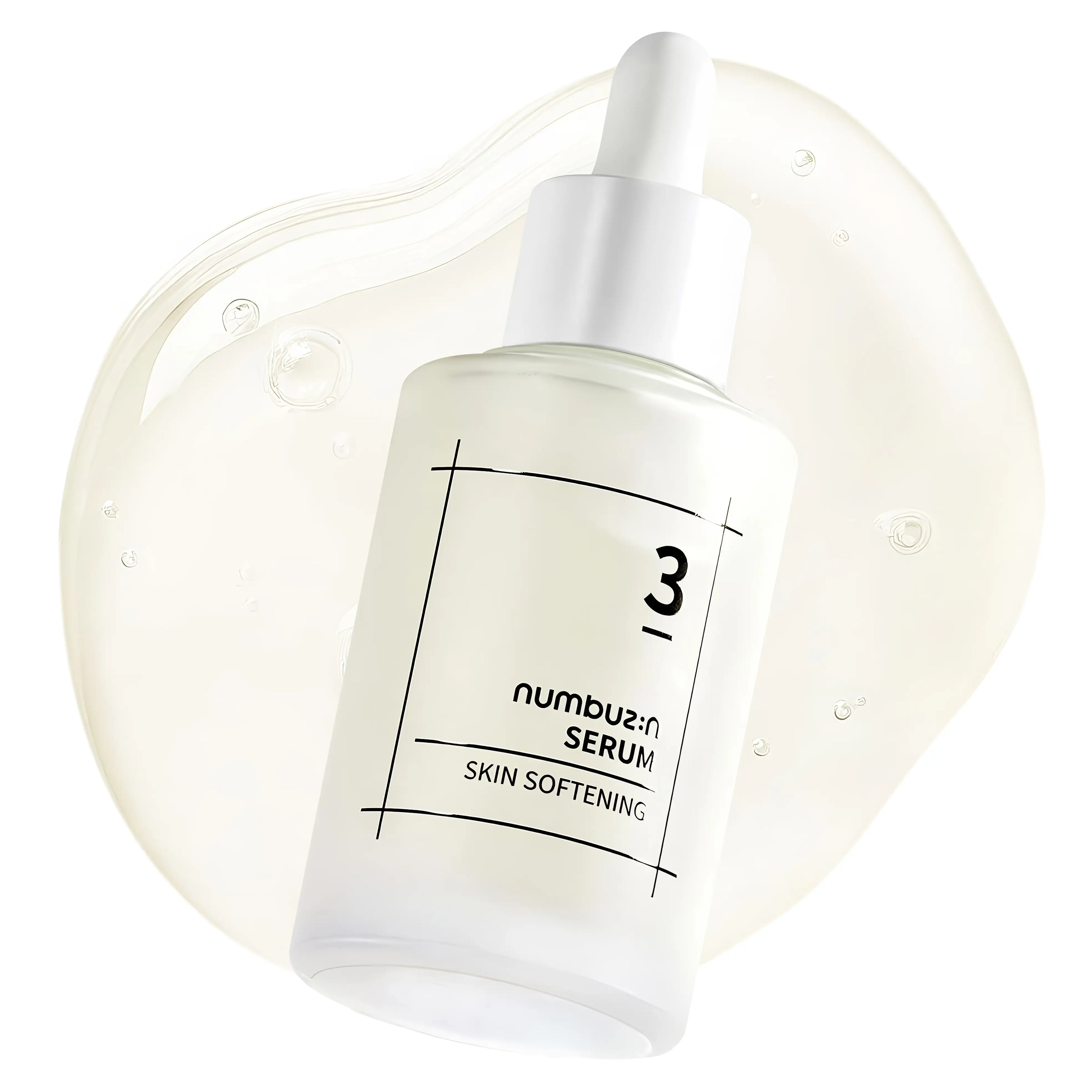 Numbuzin No.3 Skin Softening Serum (50ml), fermented serum for dry, dull, aging skin with 42% bifida ferment lysate, 21% galactomyces, niacinamide, hyaluronic acid, panthenol to soften texture, brighten tone, boost elasticity, hydrate deeply, and refine pores.
