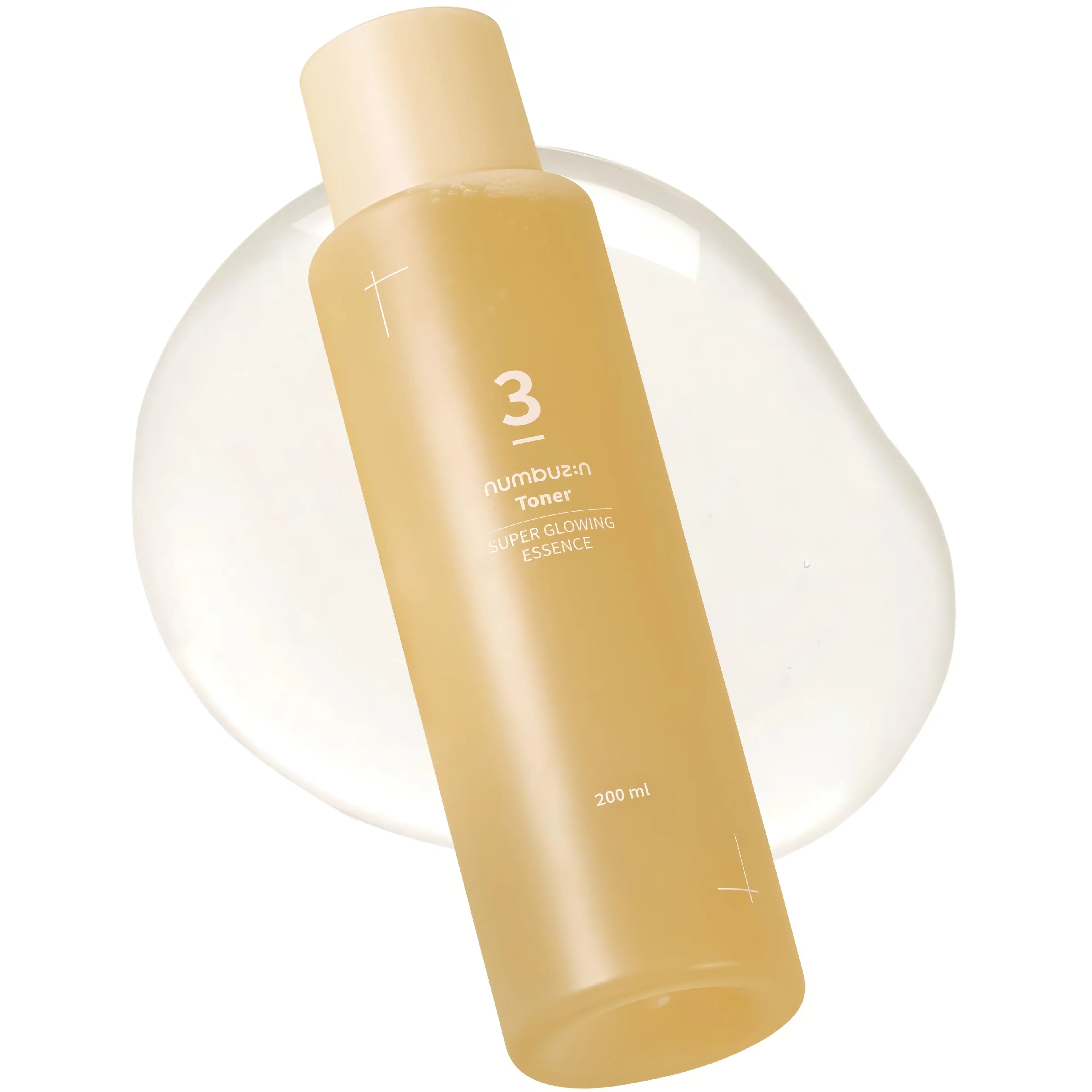 Numbuzin No.3 Super Glowing Essence Toner (200ml), fermented essence toner for dull, uneven, aging skin with 50 fermented extracts, niacinamide, sodium hyaluronate, adenosine to brighten tone, minimize pores, improve wrinkles, hydrate, and strengthen barrier for radiant glow.
