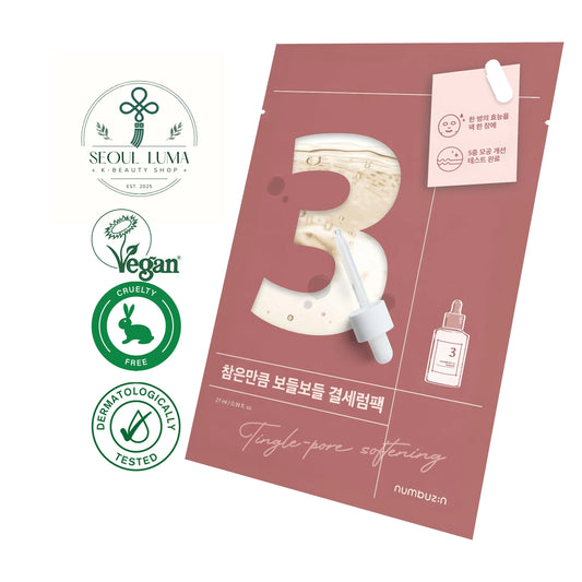 NUMBUZIN No.3 Tingle-Pore Softening Sheet Mask with Tingle-Pore Complex, 20% Bifida, 9% Galactomyces, peppermint extract, and fermented ingredients for pore care and texture improvement