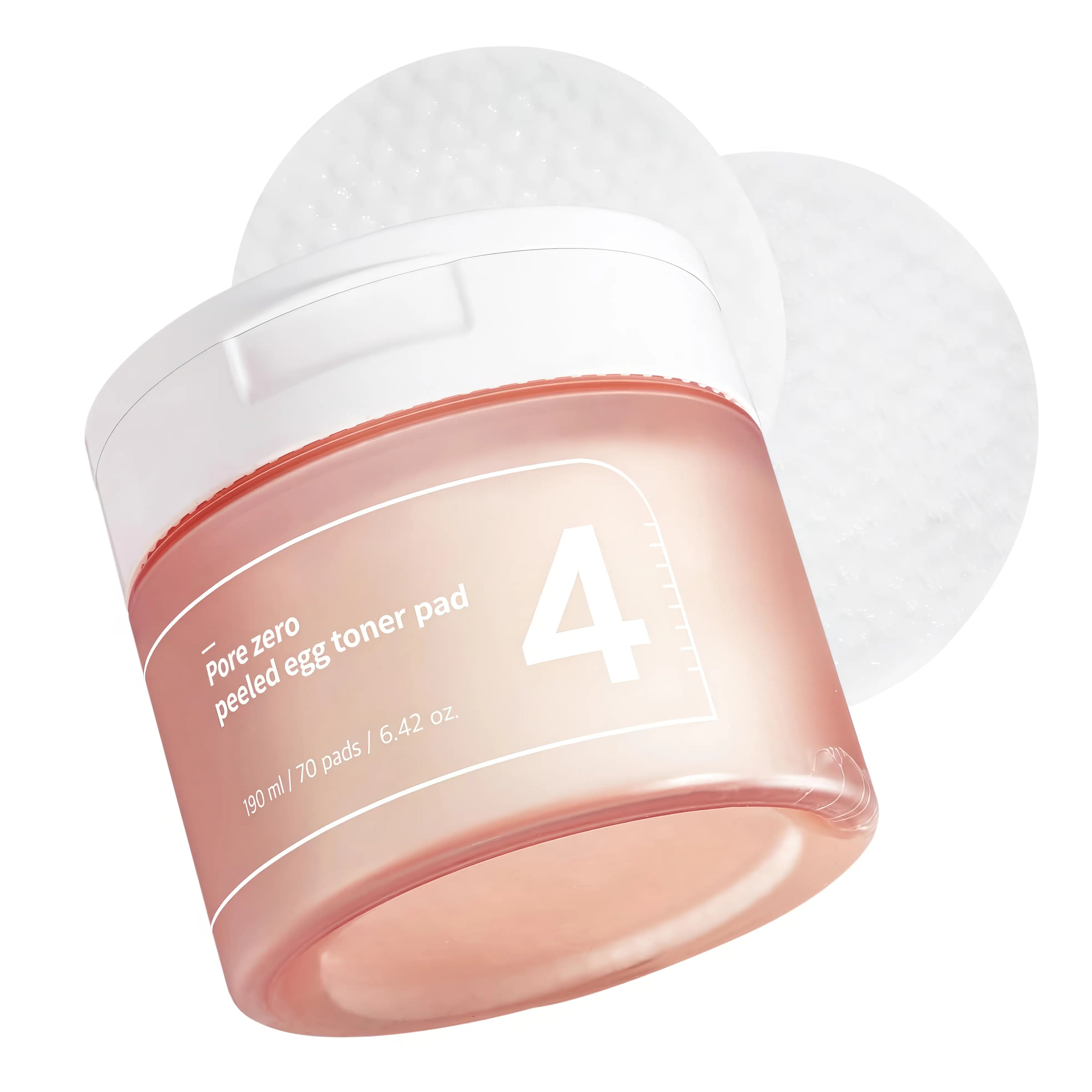 Numbuzin No.4 Pore Zero Peeled Egg Toner Pad (70 pads), dual-sided exfoliating pads for oily, congested, enlarged pores with PHA, LHA, 2% niacinamide, evening primrose, pine leaf extracts to remove sebum and dead skin, tighten pores, hydrate, brighten, and smooth texture.
