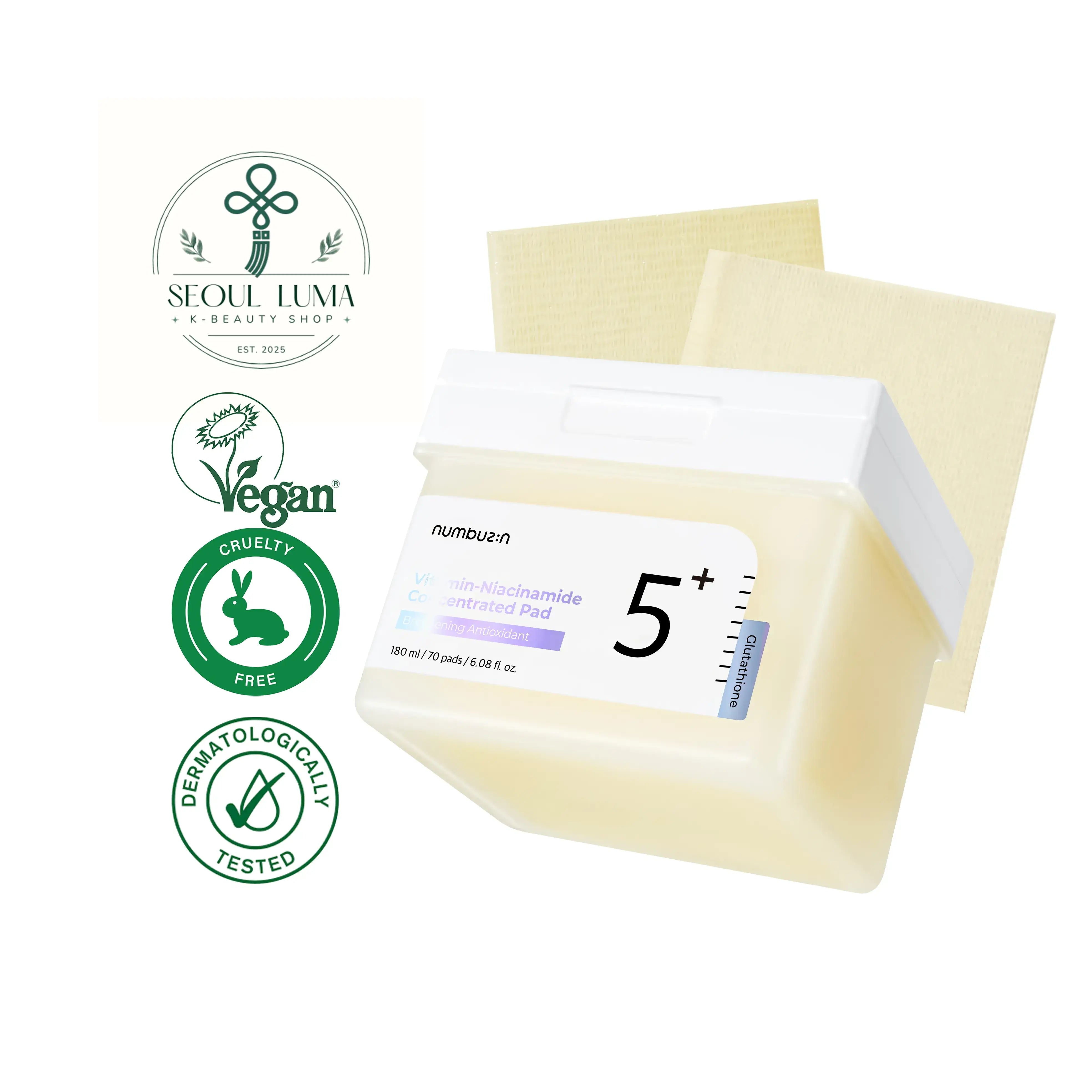 NUMBUZIN No.5 Vitamin-Niacinamide Concentrated Pad with 99% glutathione, 5% niacinamide, and PHA+LHA for dark spot treatment and gentle exfoliation
