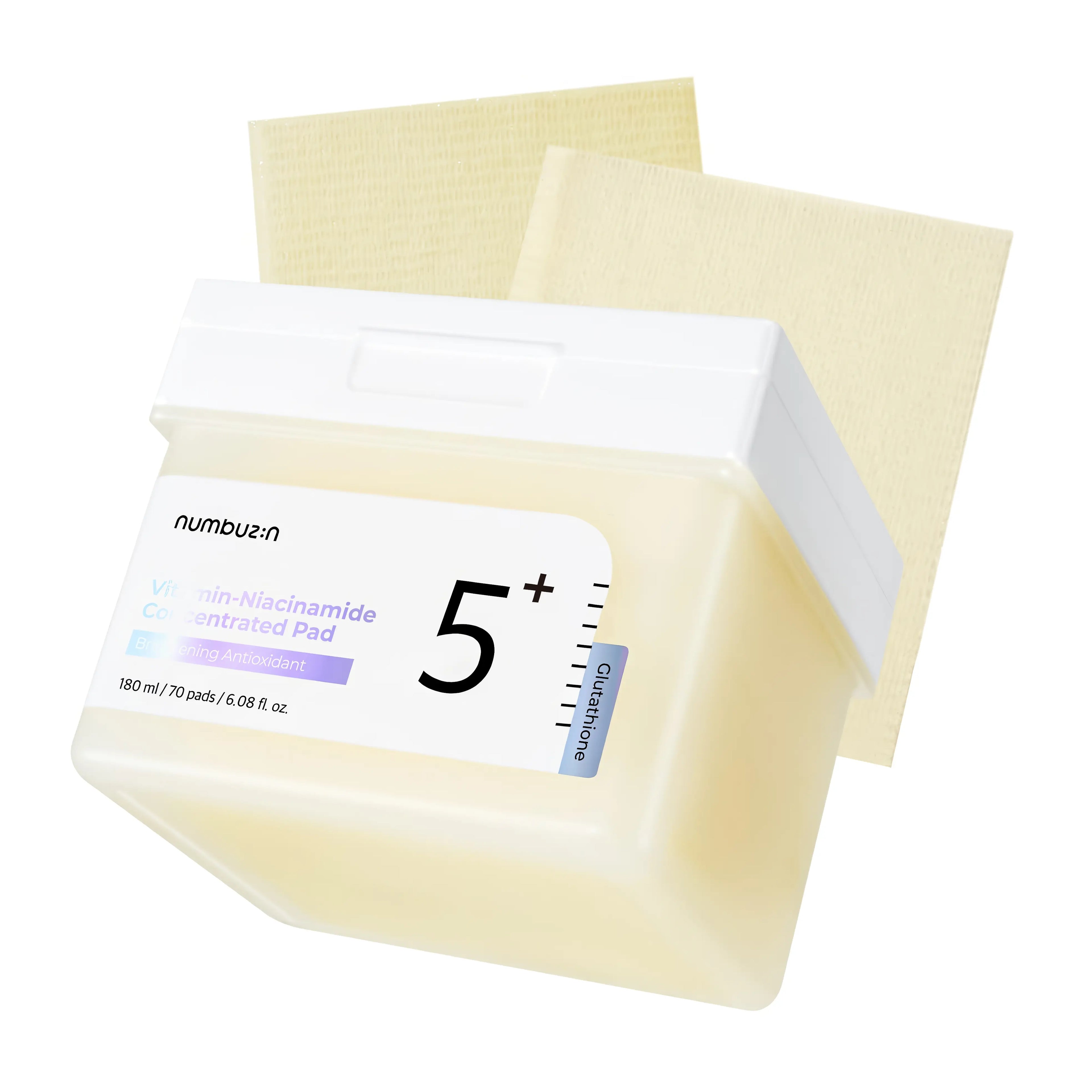 Numbuzin No.5 Vitamin-Niacinamide Concentrated Pad (70 pads), double-sided toner pads for dull, pigmented, acne-prone skin with niacinamide 5%, glutathione, vitamin C, PHA, LHA, panthenol to brighten tone, fade blemishes, gently exfoliate, hydrate, and smooth texture.
