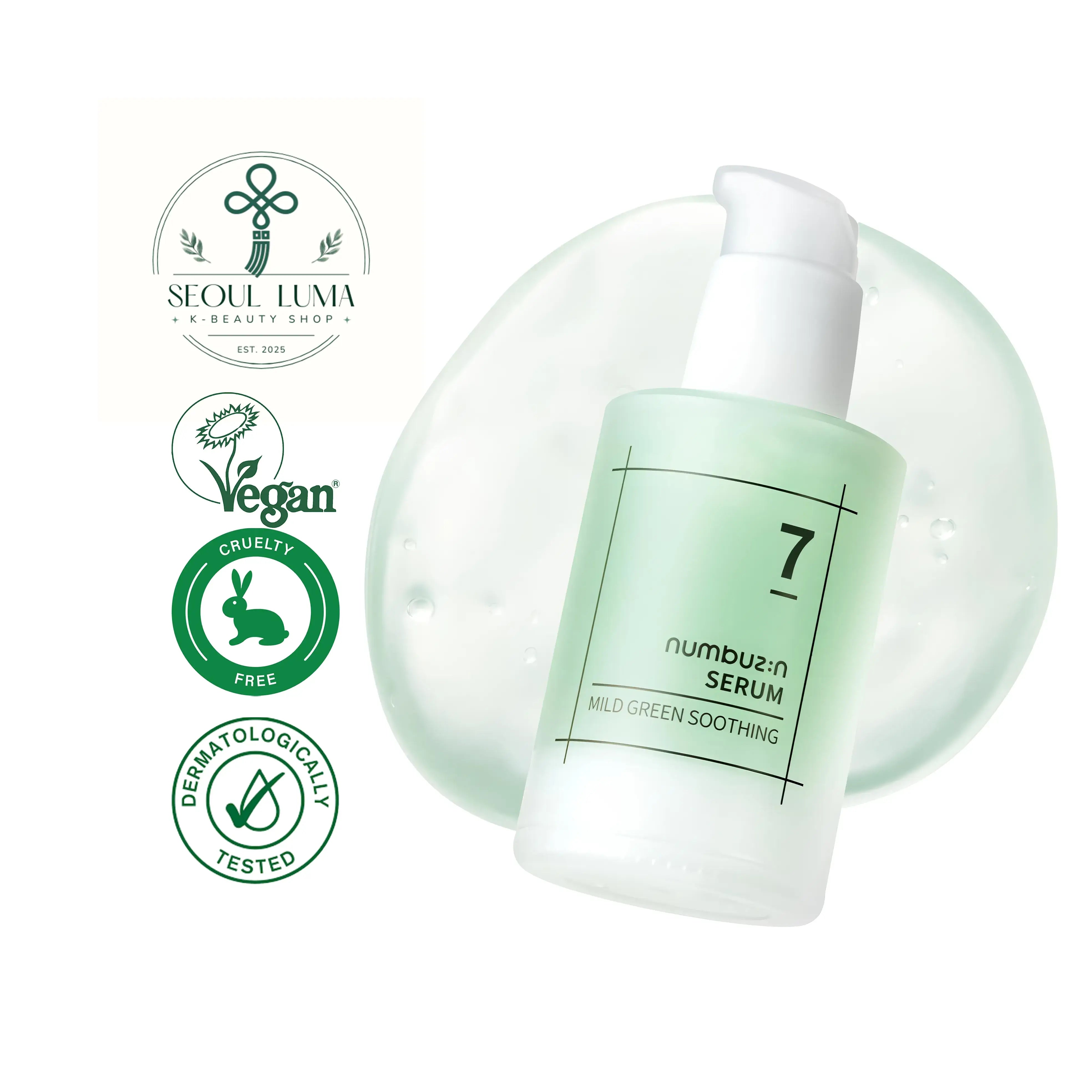 NUMBUZIN No.7 Mild Green Soothing Serum with 29 soothing ingredients, noni, centella asiatica, and mugwort for sensitive skin relief