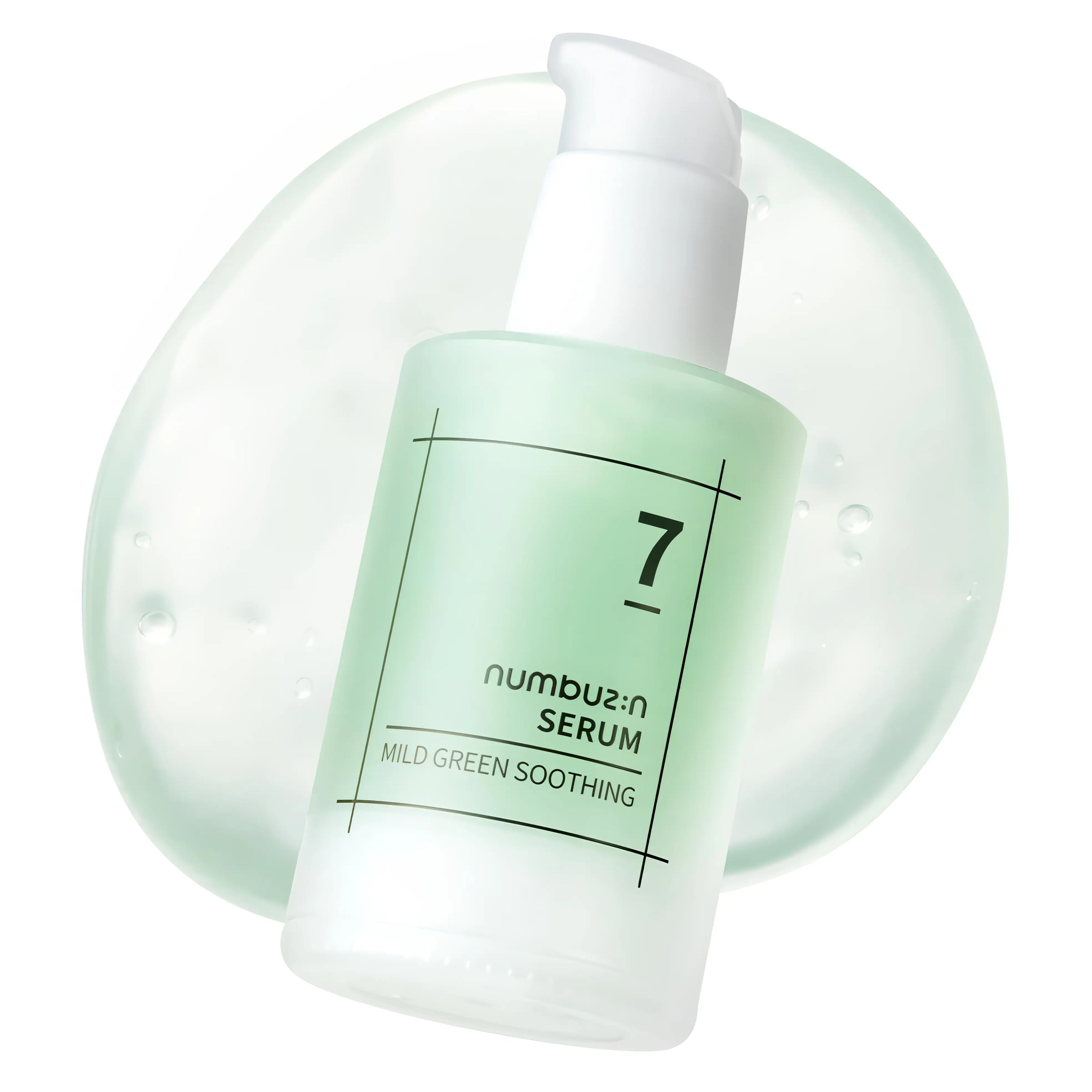 Numbuzin No.7 Mild Green Soothing Serum (50ml), lightweight gel serum for sensitive, irritated, stressed skin with 29 soothing extracts (noni, centella, mugwort, cica), ceramide, hyaluronic acid, proteins to calm redness, hydrate deeply, strengthen barrier, and refresh without stickiness.
