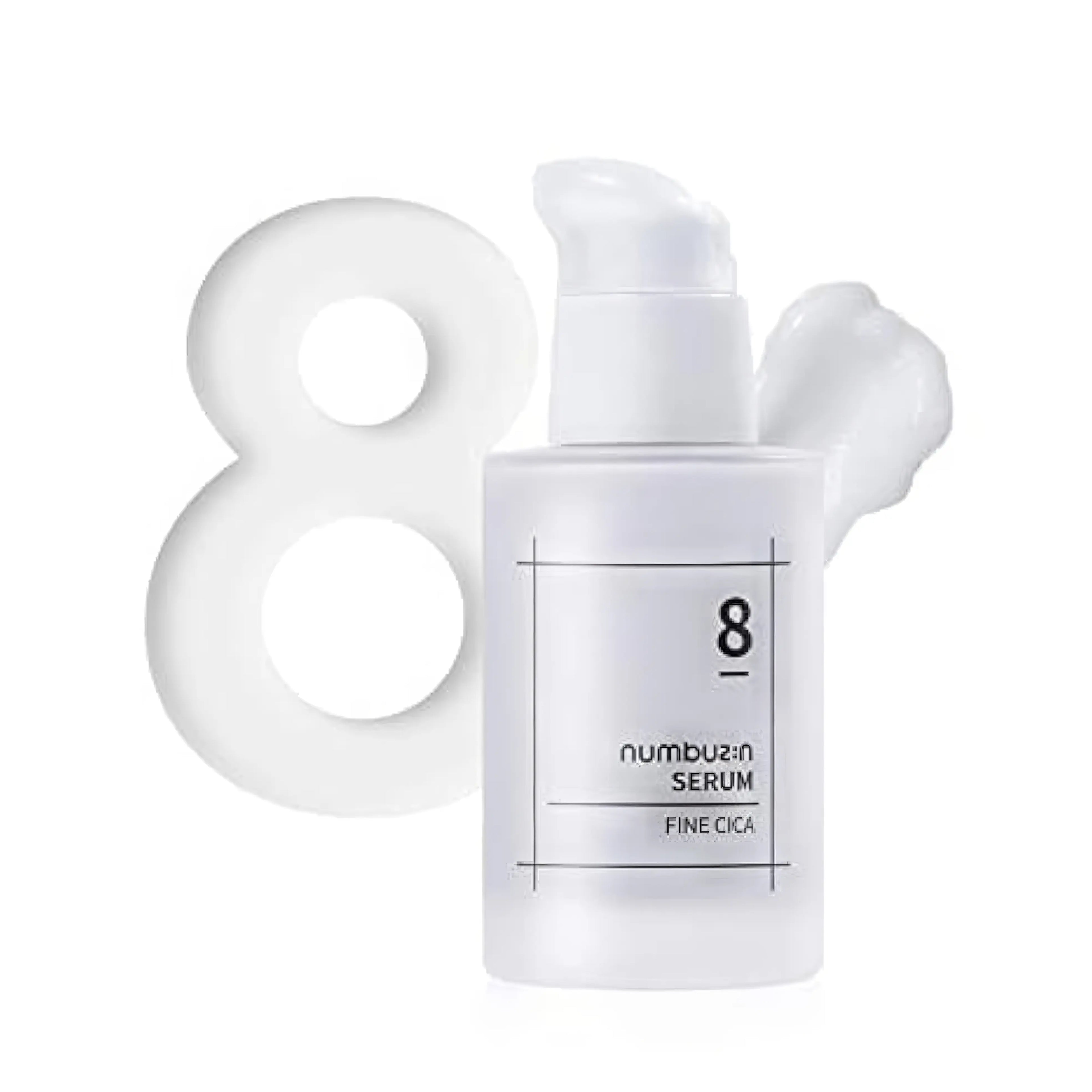 Numbuzin No.8 Fine Cica Serum (50ml), creamy soothing serum for sensitive, irritated skin with centella asiatica extracts, niacinamide, peptides, hyaluronic acid to strengthen barrier, calm redness, hydrate, brighten, and protect against stressors.
