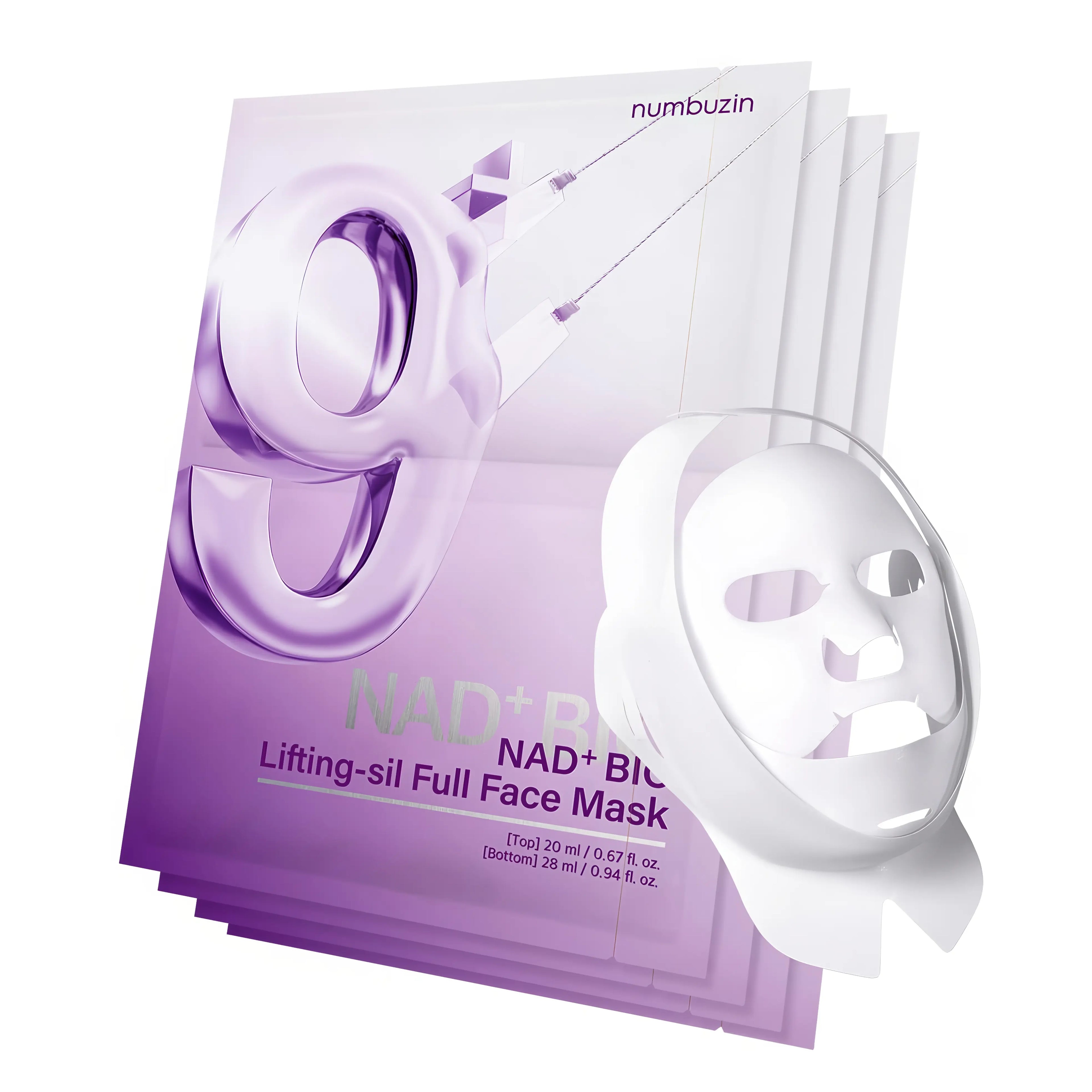 Numbuzin No.9 NMN Bio Lifting Full-Face Sheet Mask (4 sheets), two-piece lifting mask for sagging, mature, wrinkled skin with NMN, NAD+, 50 peptides, collagen, resveratrol, dissolvable PLA microthreads to firm jawline, reduce puffiness, boost elasticity, brighten, plump, and sculpt contours.
