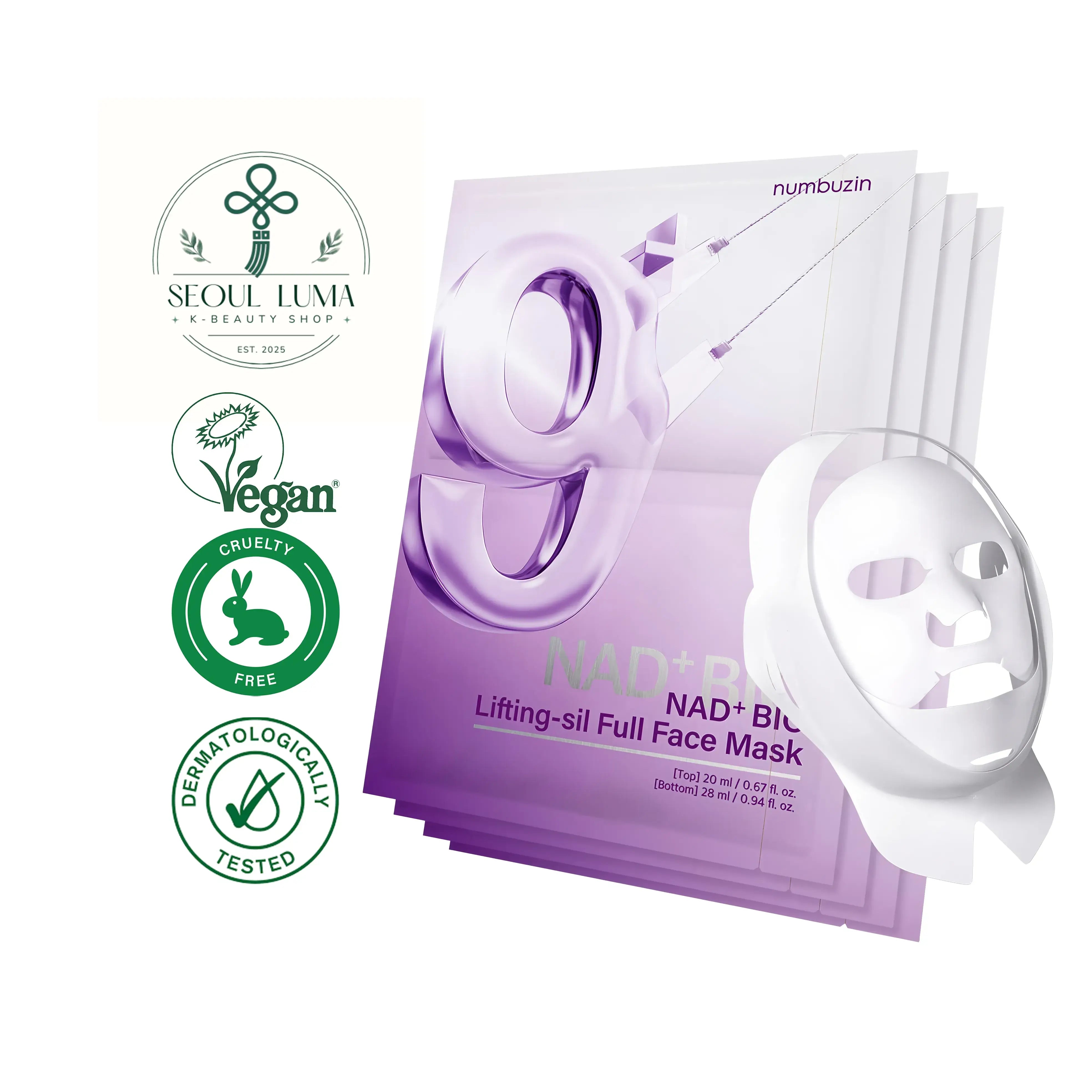 NUMBUZIN No.9 NMN Bio Lifting Full-Face Sheet Mask with NMN, NAD+, 50 peptides, collagen, and fabric lifting band for anti-aging and face lifting