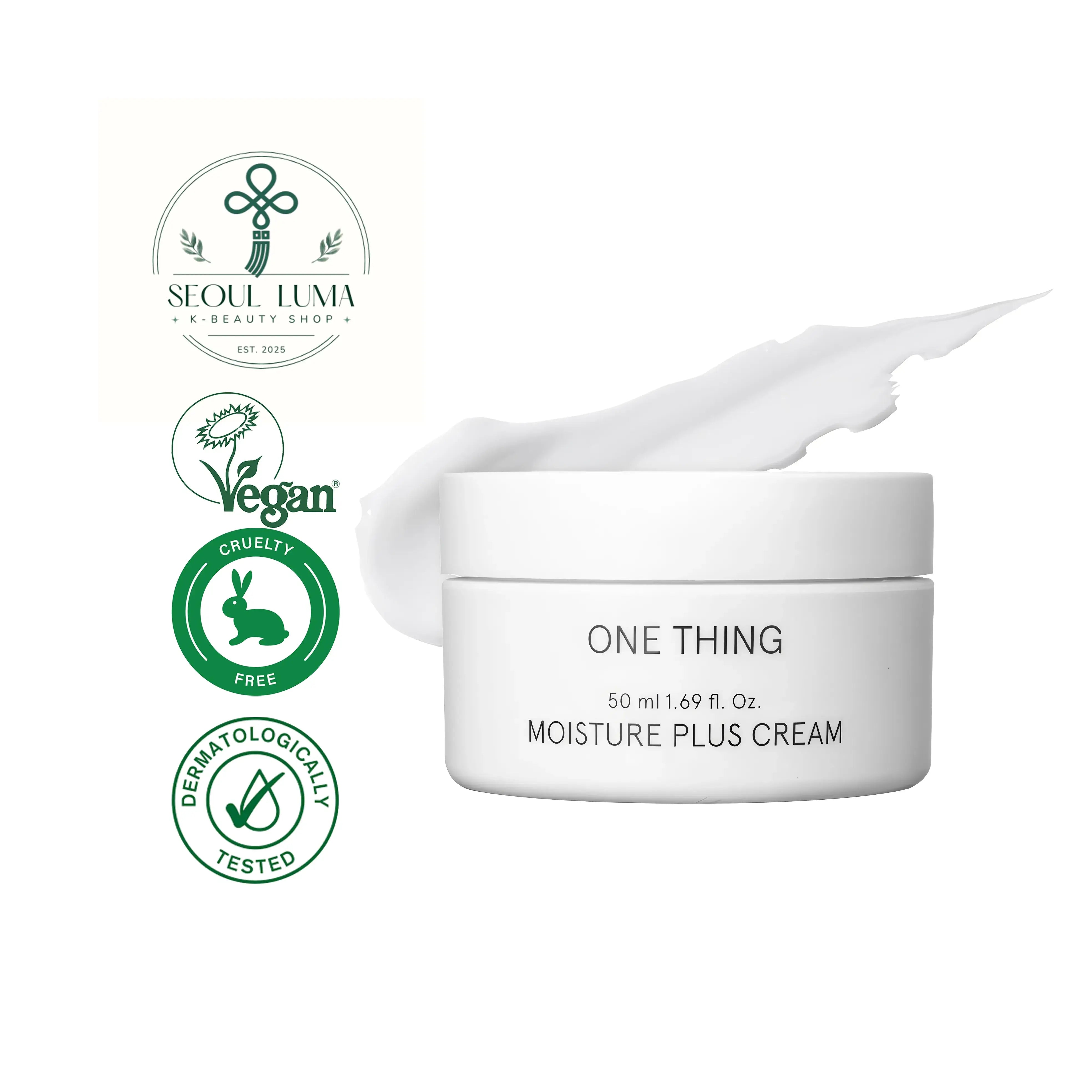 ONE THING Moisture Plus Cream with green tea leaf water and birch juice extract for daily hydration and skin comfort