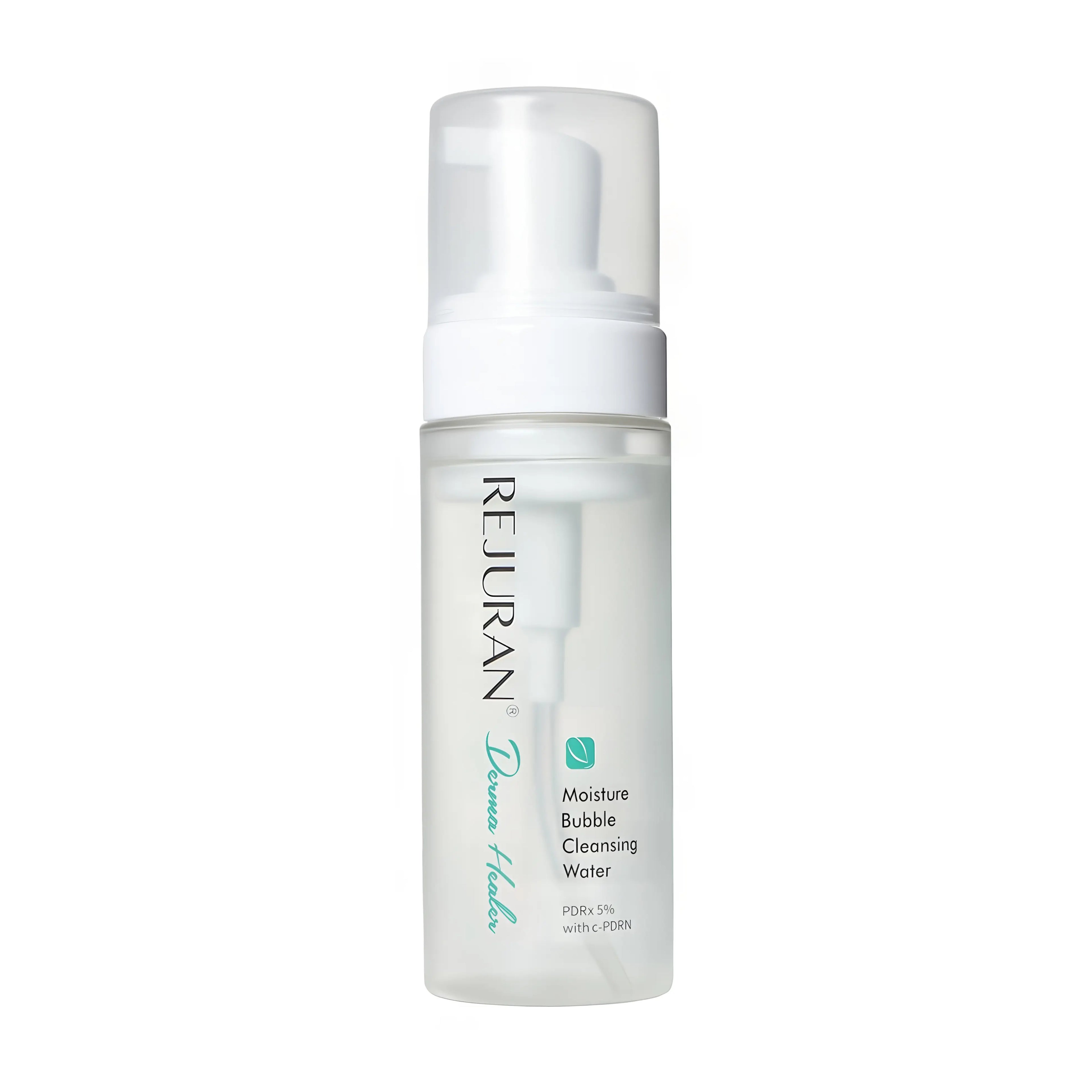 Rejuran Derma Healer Moisture Bubble Cleansing Water (150ml), gentle no-rinse micellar cleanser for sensitive, dry skin with c-PDRN, PDRx, glycerin, aloe, cucumber, oat, calendula extracts to remove makeup/impurities, hydrate deeply, soothe irritation, strengthen barrier without tightness.
