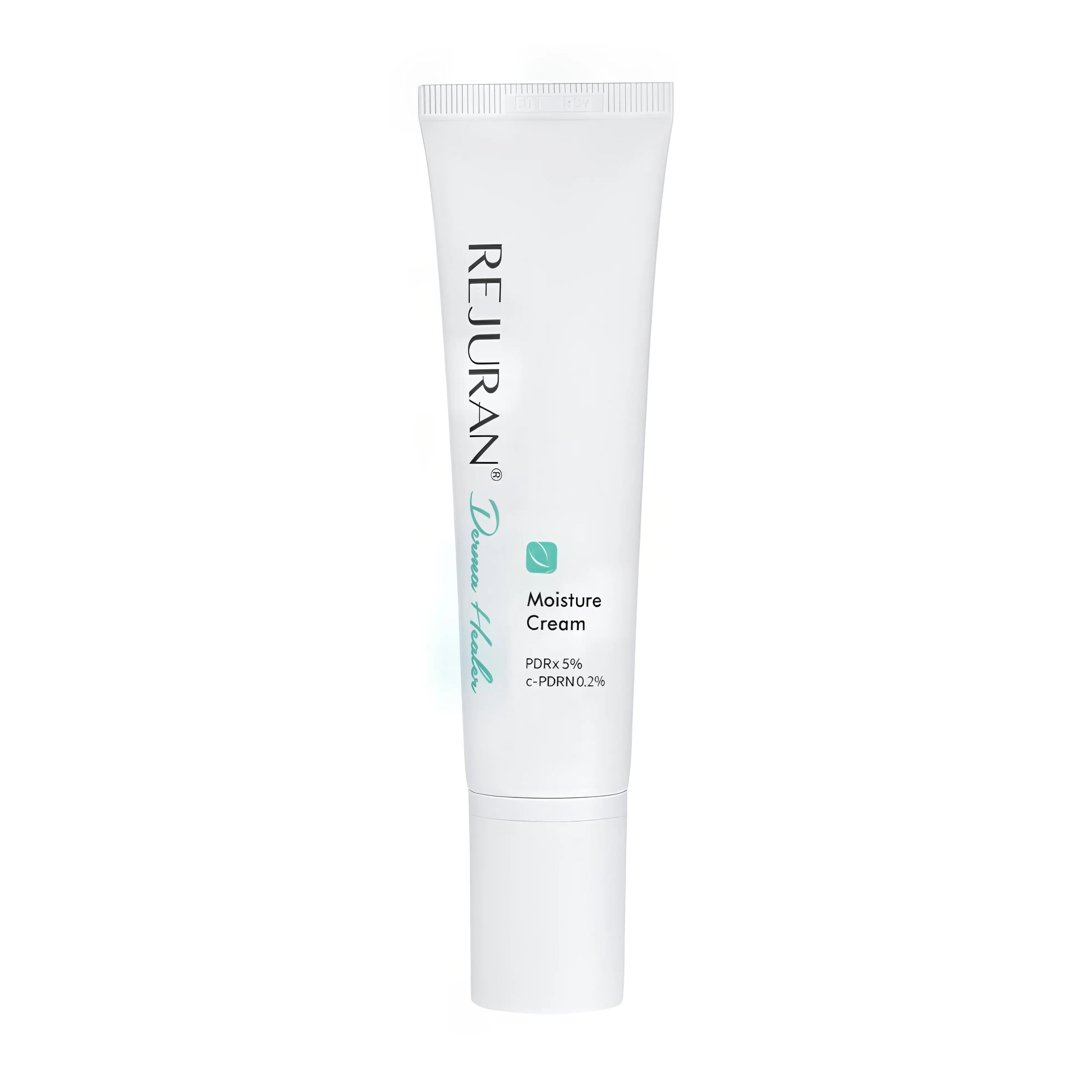 Rejuran Derma Healer Moisture Cream (60g), barrier-repairing hydrating cream for dry, sensitive, irritated skin with PDRx complex (c-PDRN + Derma peptides), ceramide NP, 1:1:9 lipid system, niacinamide, hyaluronic acid, panthenol, squalane, shea butter, botanical extracts (aloe, cucumber, oat, calendula) to intensely hydrate, strengthen barrier, soothe redness, brighten tone, reduce irritation, and restore resilience.
