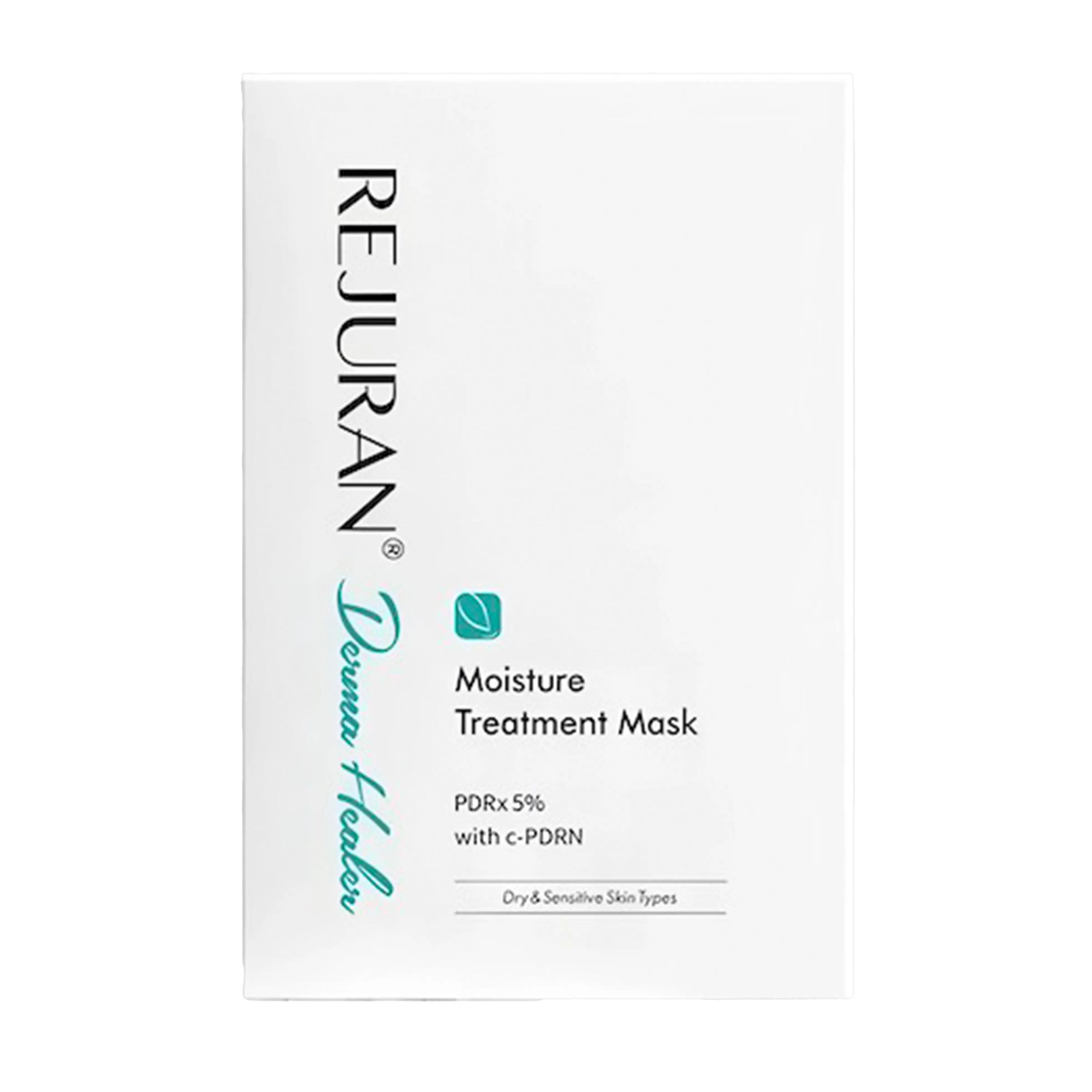 Rejuran Derma Healer Moisture Treatment Mask 23ml (5 sheets), soothing hydration mask for dry, irritated, sensitive skin with hydrolyzed DNA (PDRN), niacinamide, ceramide NP, multi-hyaluronic acid, panthenol, ectoine, amino acids to repair barrier, provide 48-hour moisture, reduce irritation by 25%, soothe heat damage, and plump for smooth glow.
