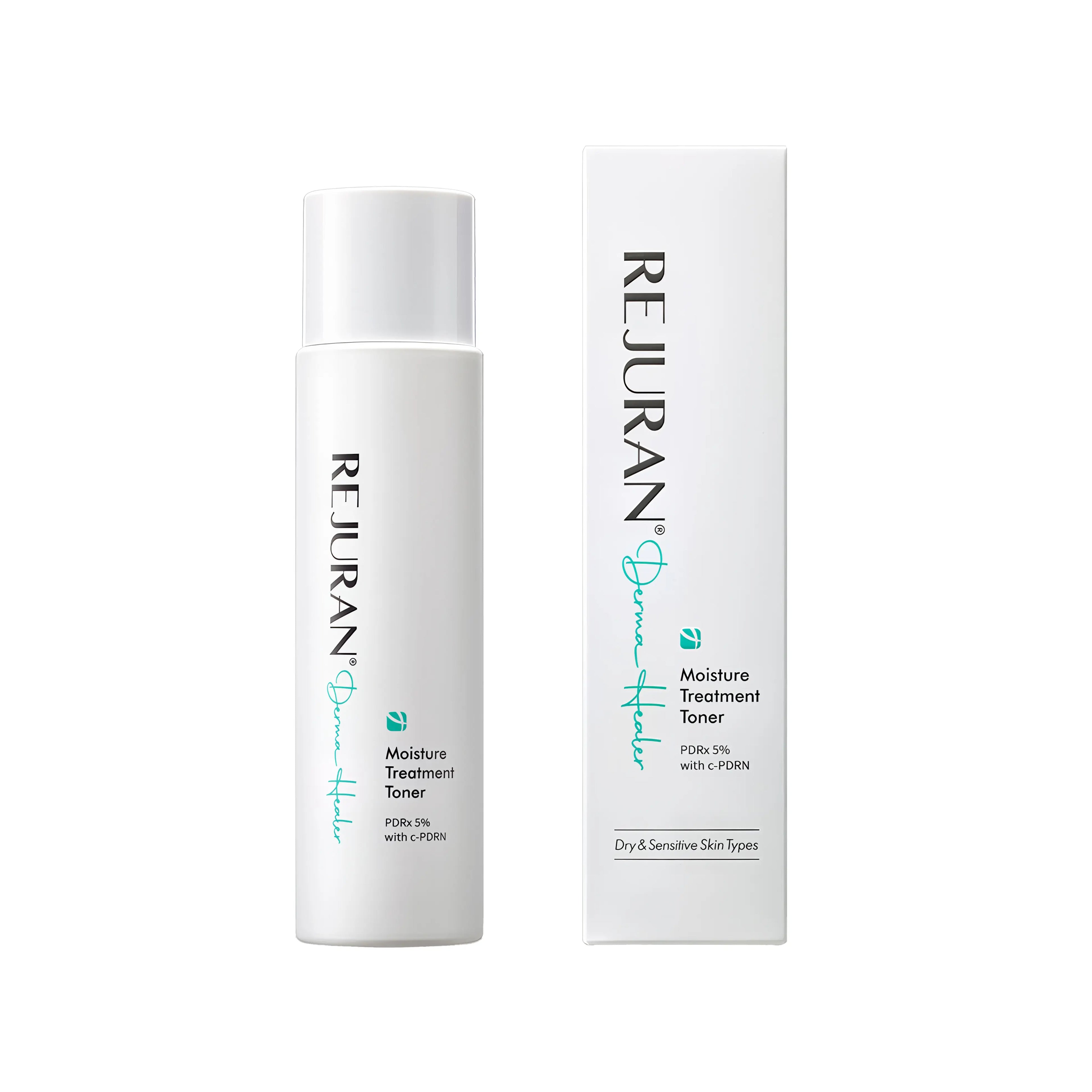 Rejuran Derma Healer Moisture Treatment Toner (150ml), hydrating soothing toner for dry, sensitive skin with c-PDRN, hyaluronic acid, ceramide NP, panthenol, centella asiatica, aloe, cucumber, oat, calendula extracts to boost moisture, repair barrier, calm redness, brighten tone, and prep skin.
