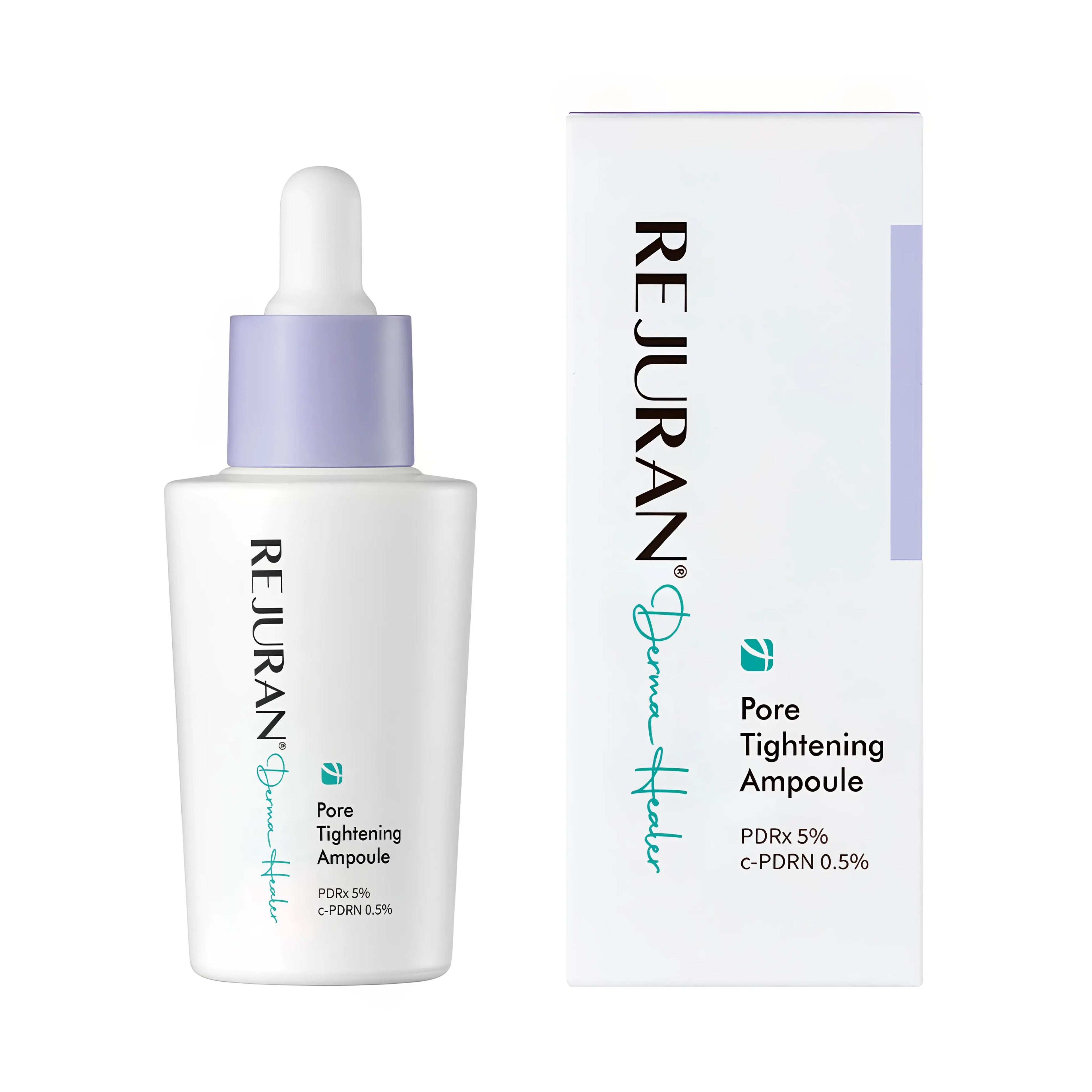 Rejuran Derma Healer Pore Tightening Ampoule (30ml), pore-refining serum for oily, enlarged pores, sensitive skin with c-PDRN, niacinamide, salicylic acid, PHA, gluconolactone, centella, botanicals to minimize pores, control sebum, soothe redness, brighten tone, boost elasticity, and smooth texture.
