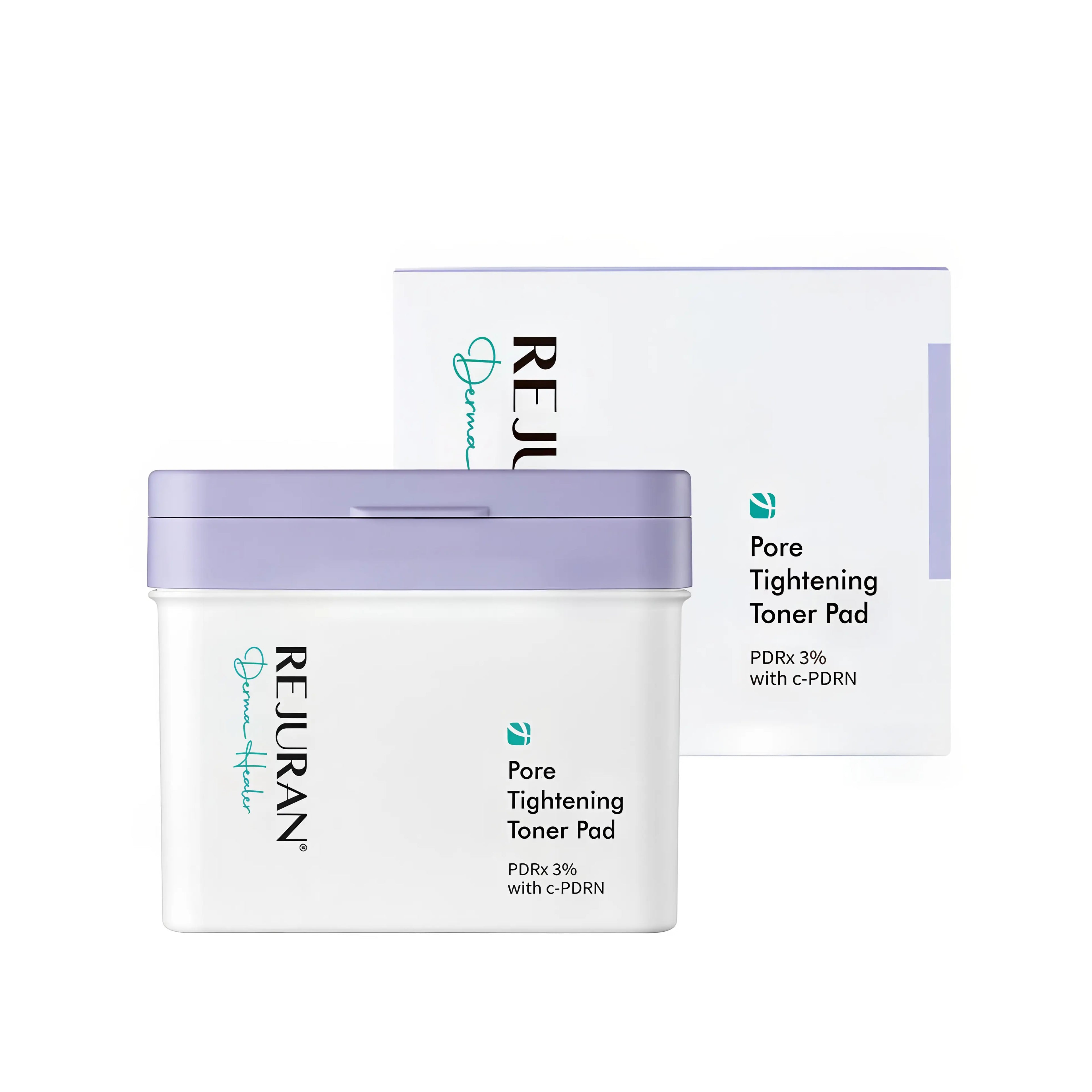 Rejuran Derma Healer Pore Tightening Toner Pad (60 pads), exfoliating pore-clearing pads for oily, enlarged pores skin with c-PDRN, niacinamide, BHA/PHA/AHA/LHA Pore Clear Complex, witch hazel, aloe, calendula, oat extracts to unclog pores, control sebum, soothe redness, brighten tone, tighten texture, and hydrate.
