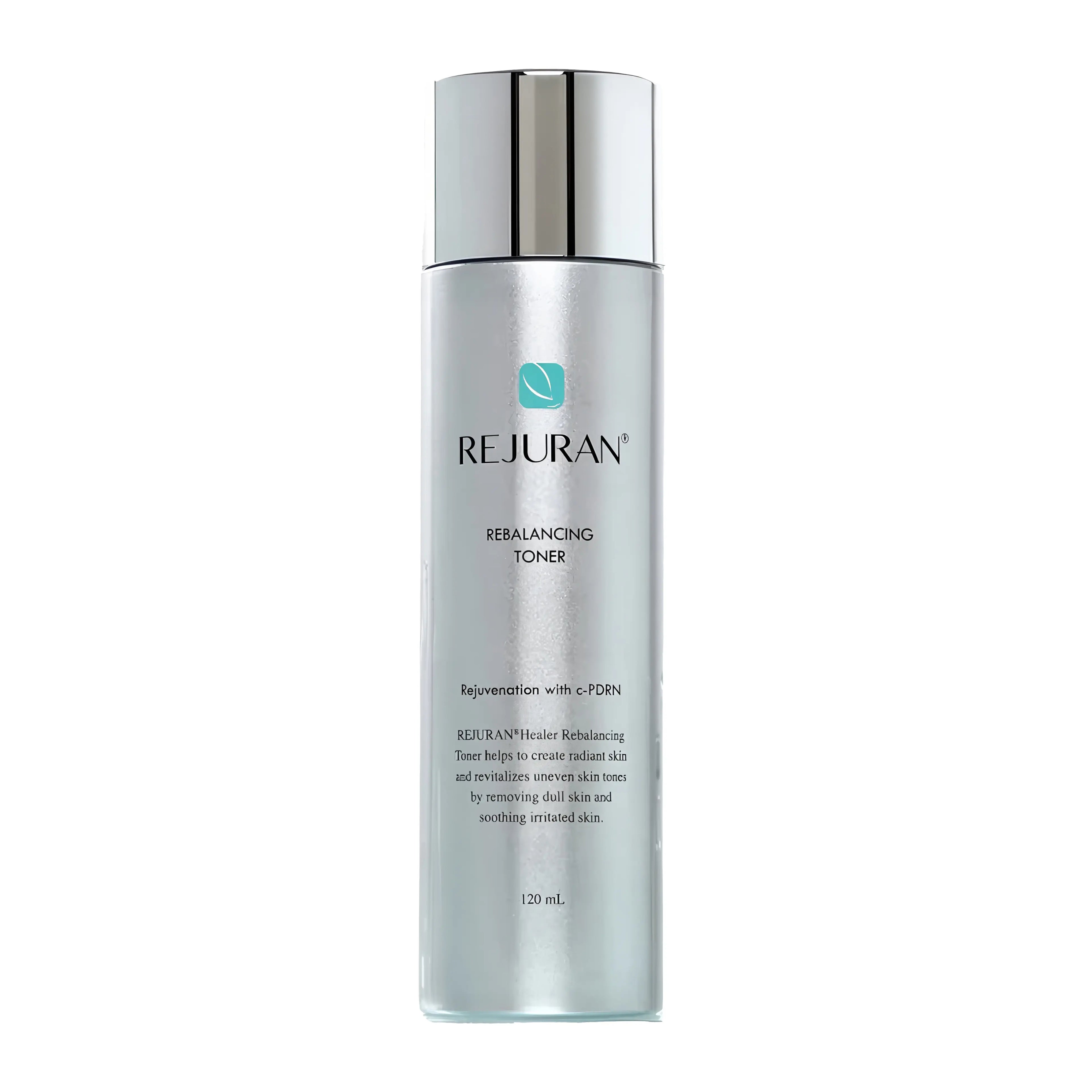 Rejuran Healer Rebalancing Toner (120ml), balancing exfoliating toner for sensitive, oily, irritated skin with c-PDRN, tea tree extract, PHA, centella asiatica, ceramide NP, trehalose, betaine to gently exfoliate, soothe redness, control sebum, hydrate, brighten tone, minimize pores, and prep skin.
