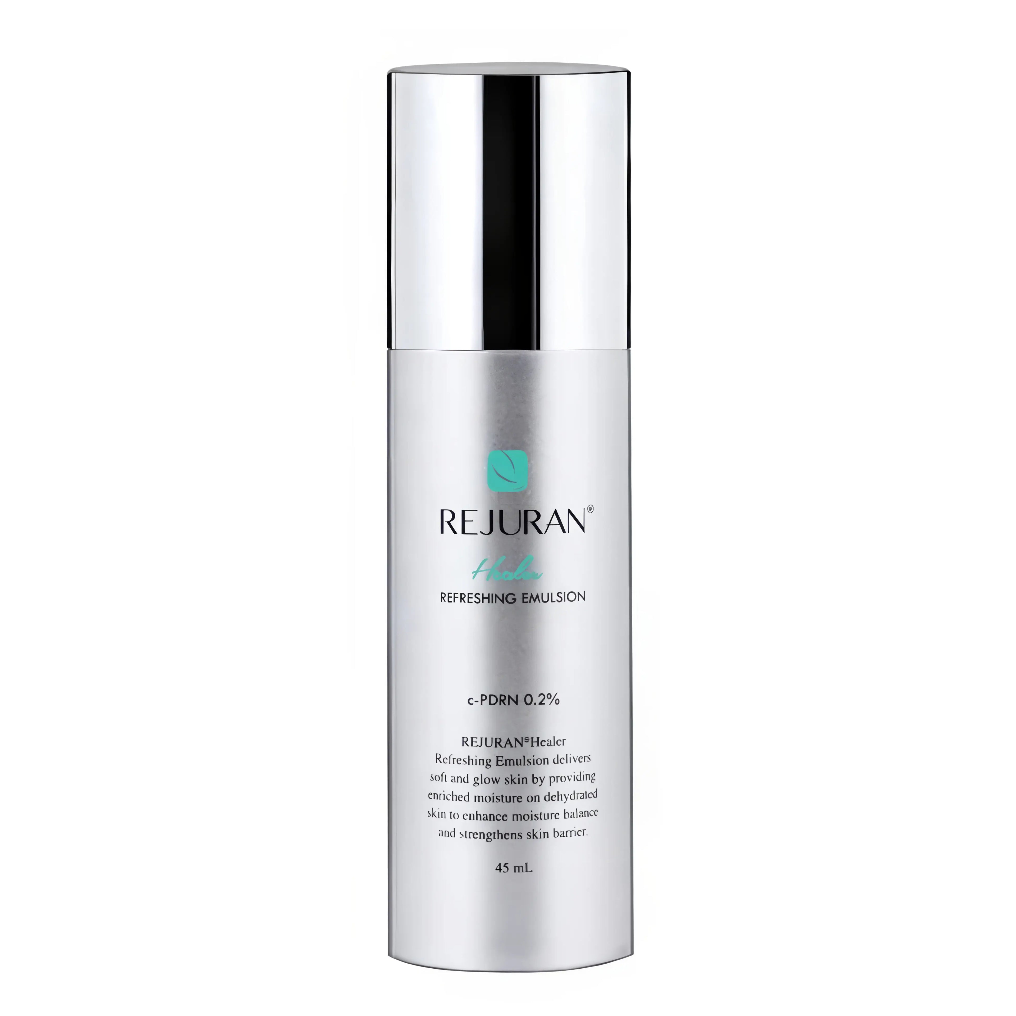 Rejuran Healer Refreshing Emulsion (45ml), lightweight hydrating emulsion for dry, sensitive skin with c-PDRN, hyaluronic acid, niacinamide, centella asiatica, ceramide NP, panthenol, botanicals to soothe irritation, repair barrier, deeply hydrate, brighten tone, and boost elasticity.
