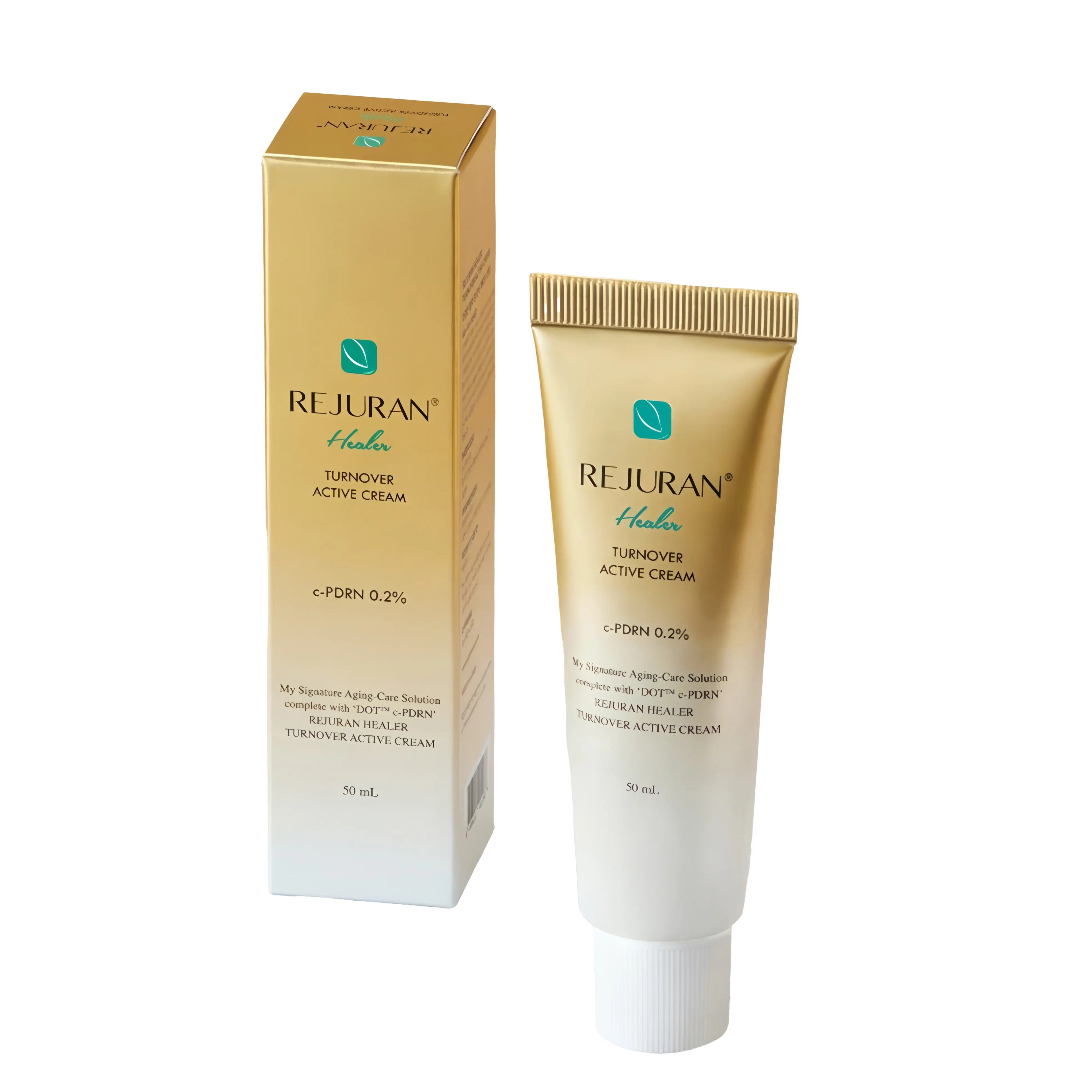 Rejuran Healer Turnover Active Cream (50ml), skin-renewing active cream for dull, damaged, sensitive skin with c-PDRN 0.2%, niacinamide, sodium hyaluronate, centella asiatica, plant extracts (chlorella, althaea rosea, caesalpinia spinosa), panthenol, adenosine, tocopherol to promote cell turnover, deeply hydrate, brighten tone, soothe irritation, reduce wrinkles, strengthen barrier, and enhance elasticity for radiant vitality.
