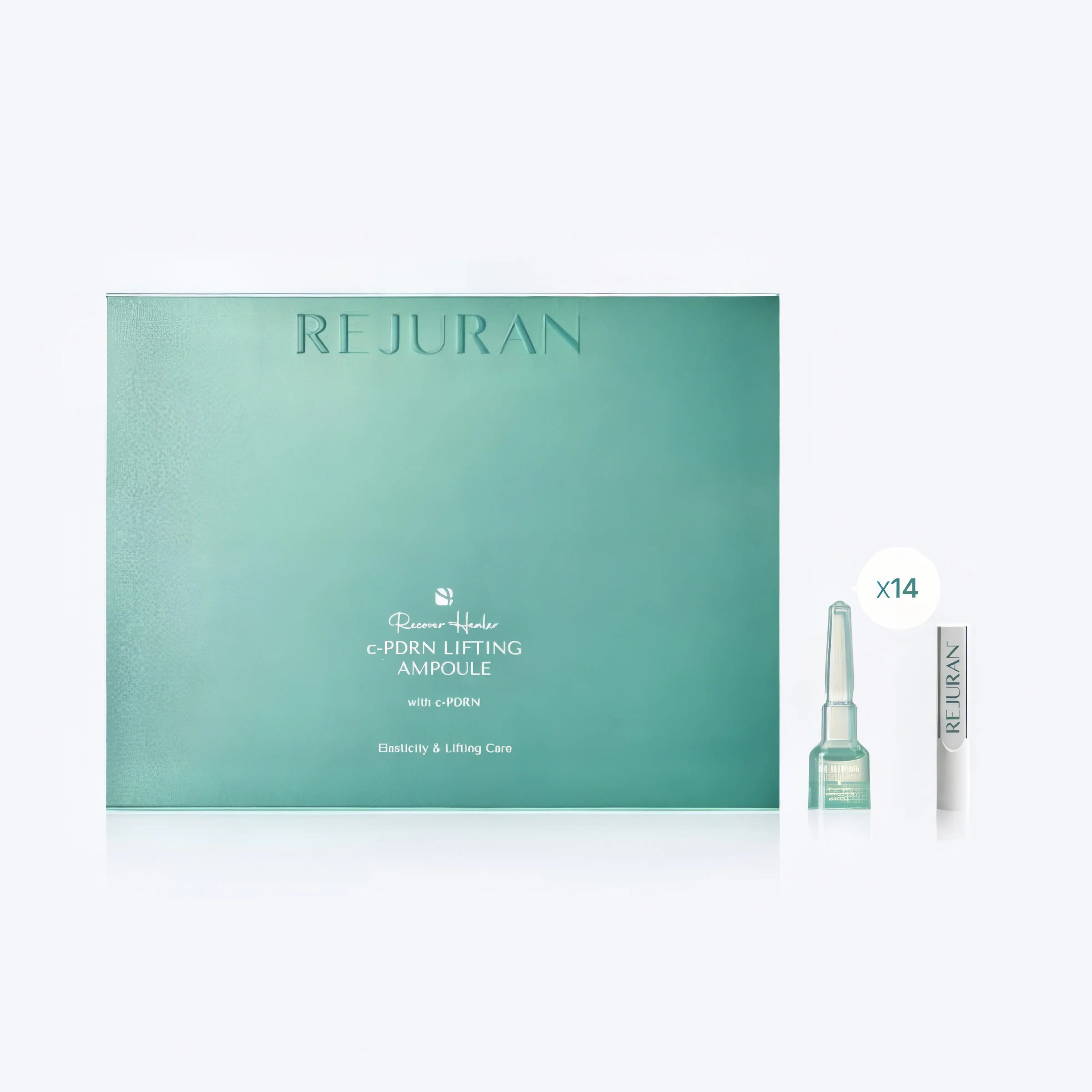 Rejuran Recover c-PDRN Lifting Ampoule (2ml x 14pcs), collagen-boosting serum for sagging, damaged skin with c-PDRN, niacinamide, centella complex, panthenol to lift firmness, repair barrier, soothe, hydrate, brighten, and smooth wrinkles.
