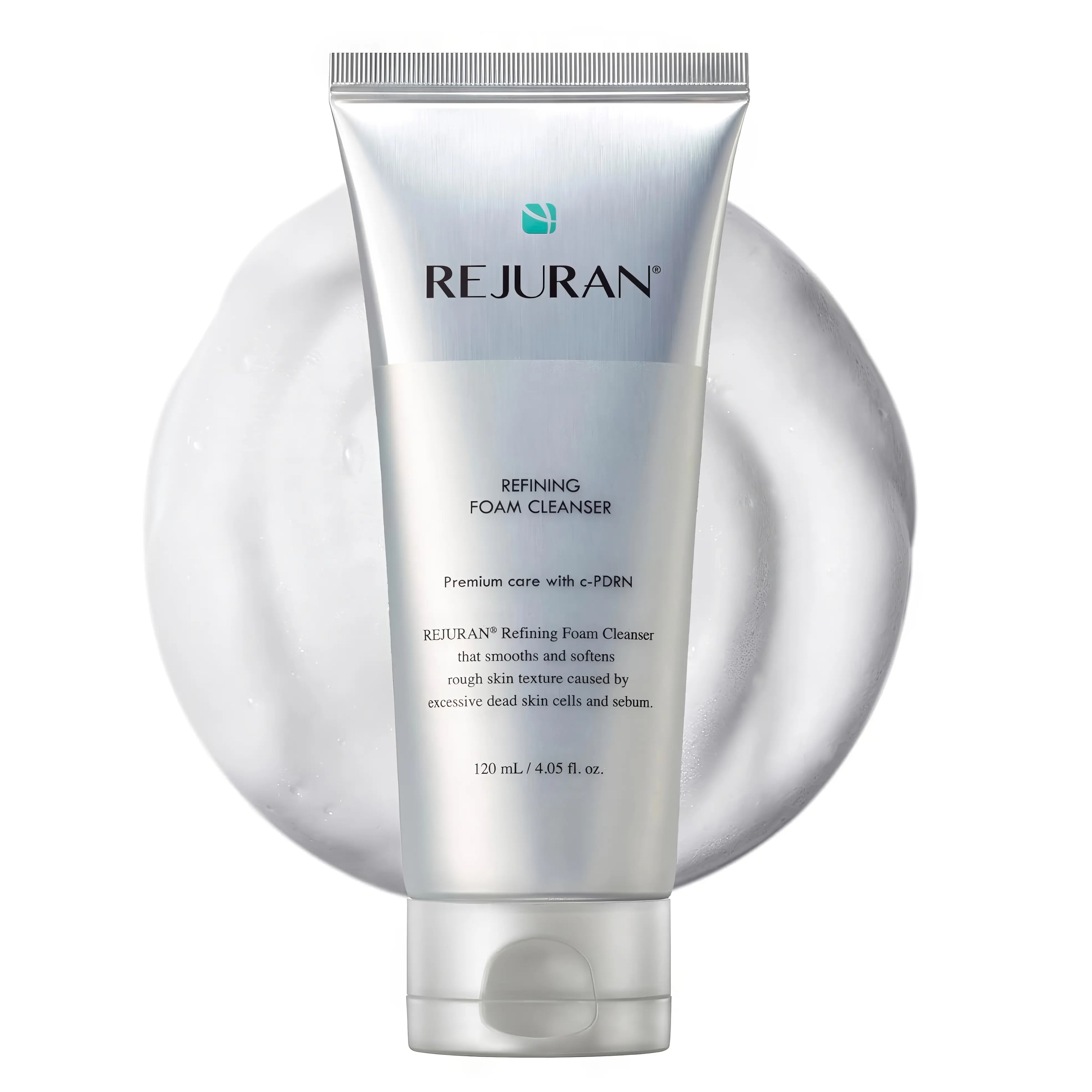 Rejuran Refining Foam Cleanser (120ml), gentle purifying cleanser for oily, congested, sensitive skin with c-PDRN, LHA/PHA, tannin complex (8 plant extracts), 8-fold hyaluronic acid, amino acid surfactants to exfoliate dead cells, tighten pores, control sebum, deeply cleanse, hydrate, soothe irritation, and balance skin.

