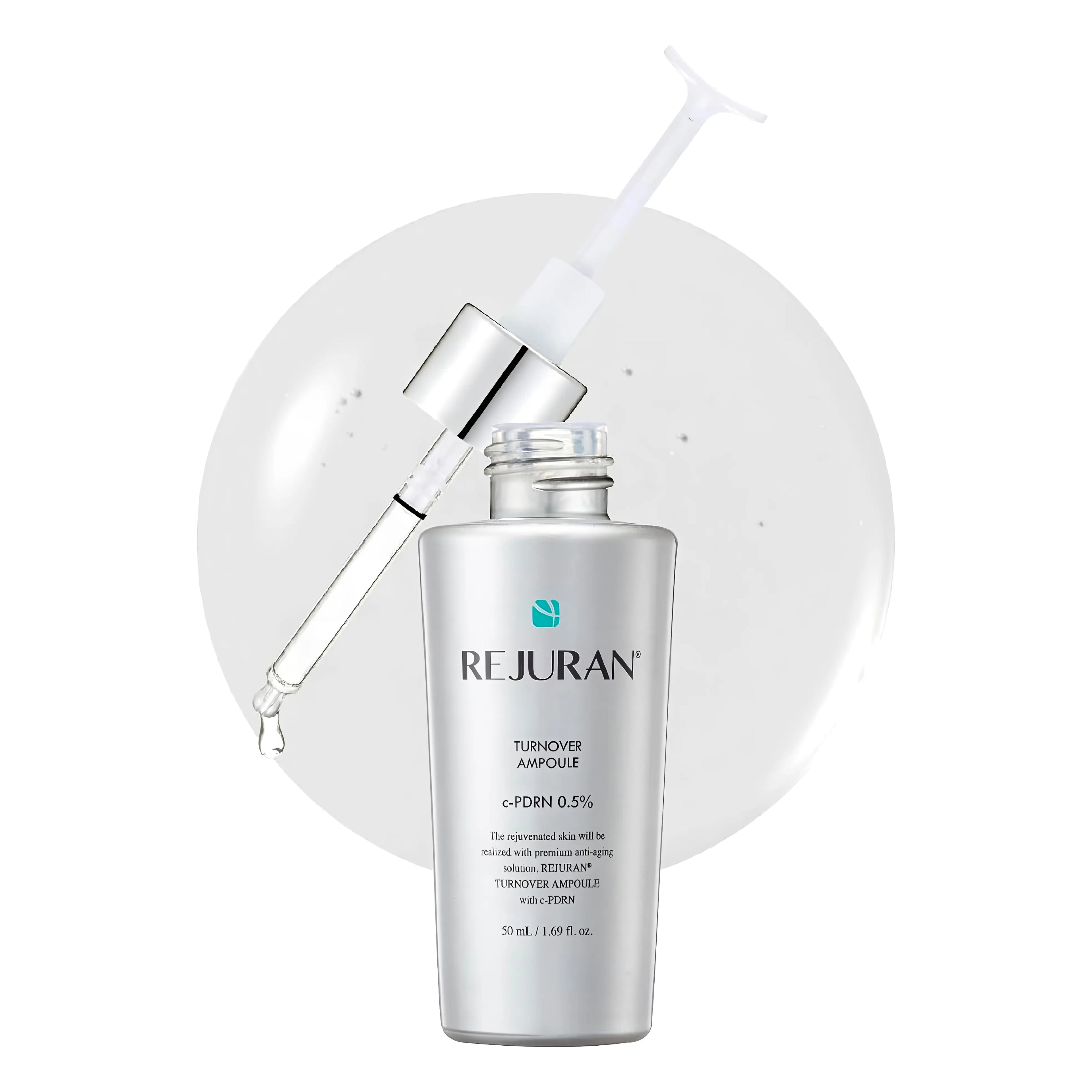 Rejuran Turnover Ampoule 30ml with c-PDRN 0.5%. Professional K-beauty serum for skin cycle reset and radiant glass skin glow