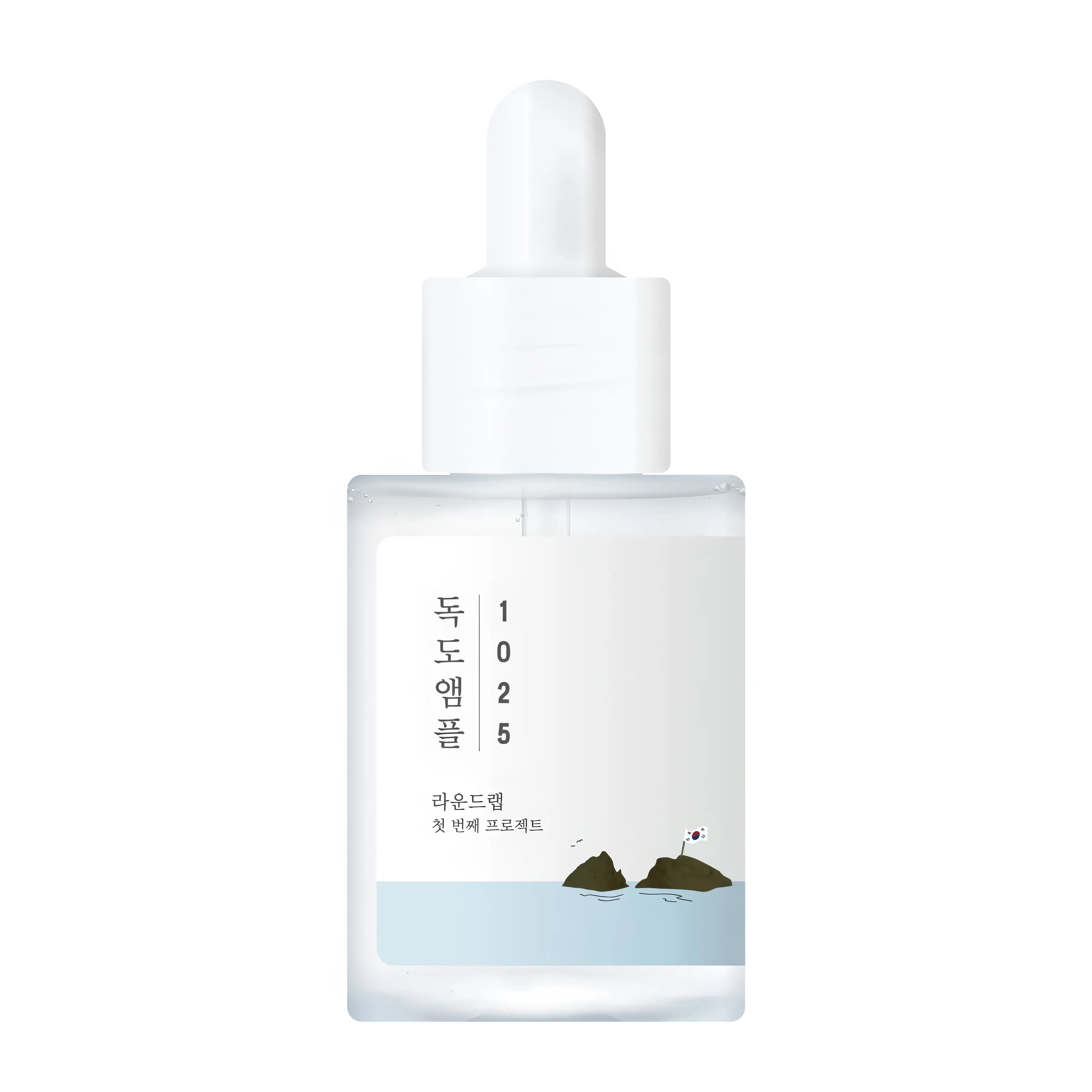Round Lab 1025 Dokdo Ampoule (45g), lightweight hydrating ampoule for sensitive skin with deep sea water, hyaluronic acid, ceramide, panthenol to soothe irritation, boost moisture barrier, and balance hydration.
