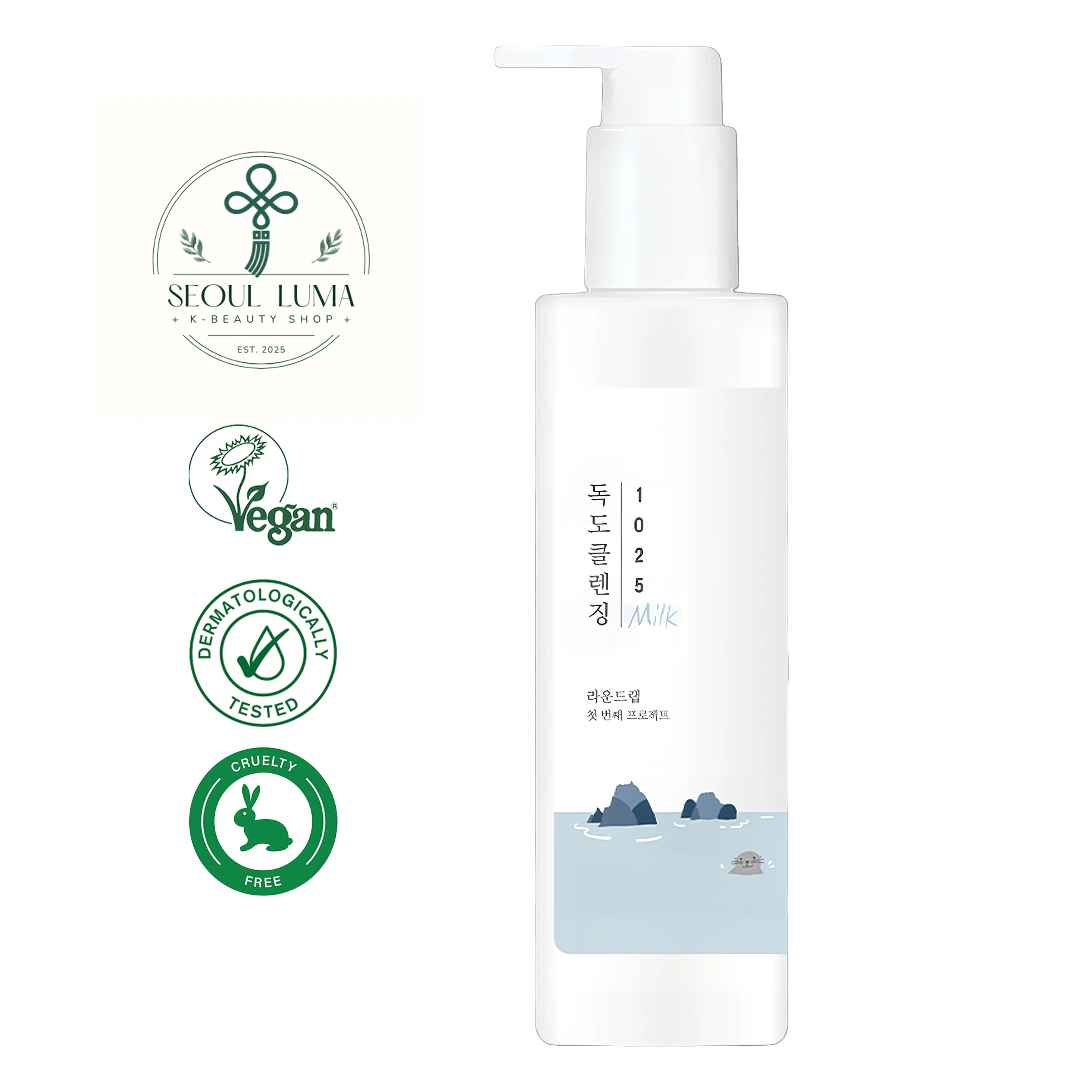 ROUND LAB 1025 Dokdo Cleansing Milk with deep sea water, triple hyaluronic acid, and 5 ceramides for gentle hydrating cleansing
