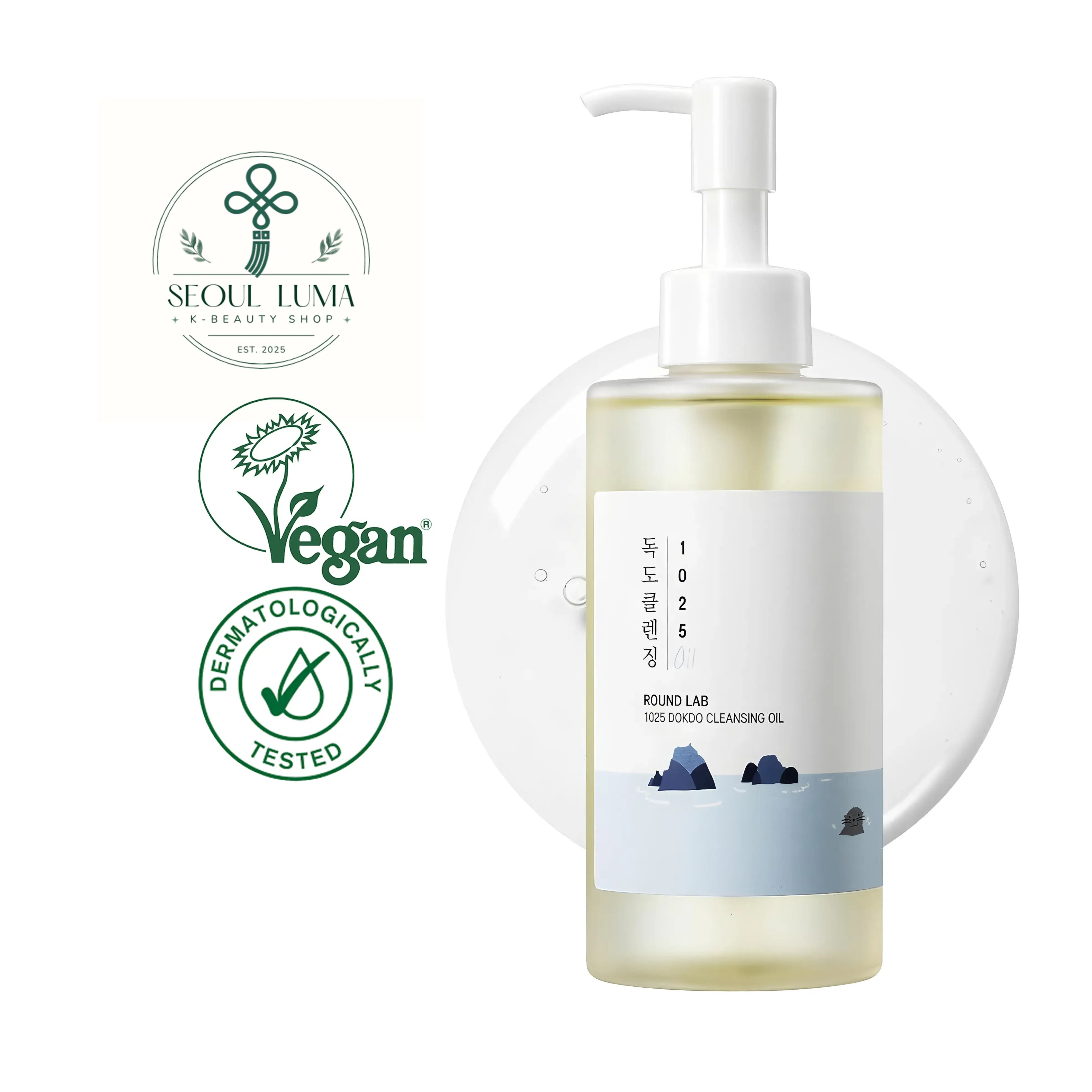 ROUND LAB 1025 Dokdo Cleansing Oil with 6 plant oils, ceramides, and deep sea water for gentle makeup removal and blackhead care
