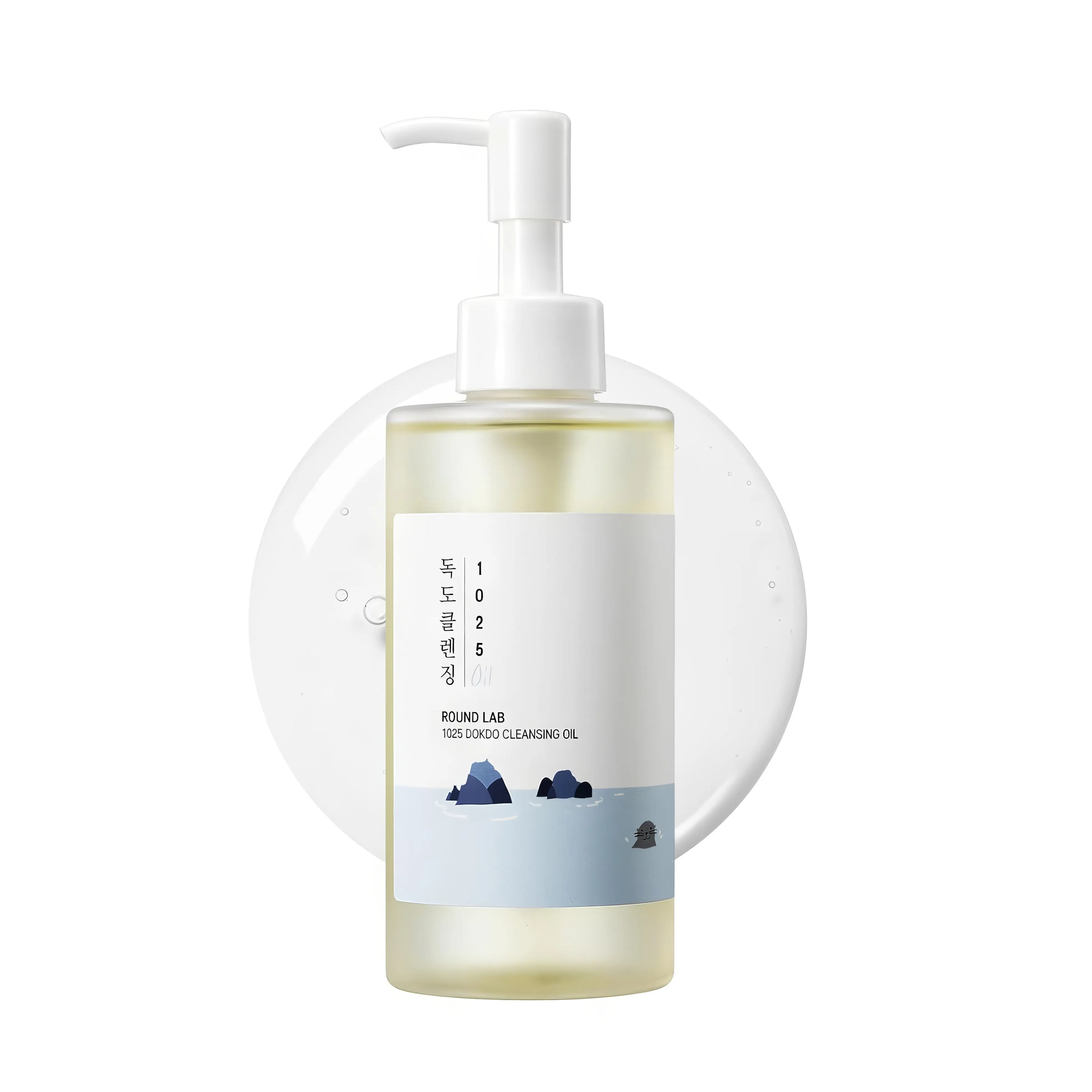 Round Lab 1025 Dokdo Cleansing Oil (200ml), gentle makeup remover for sensitive skin with deep sea water, ceramide, hyaluronic acid, evening primrose oil to remove waterproof makeup without stripping moisture or barrier.

