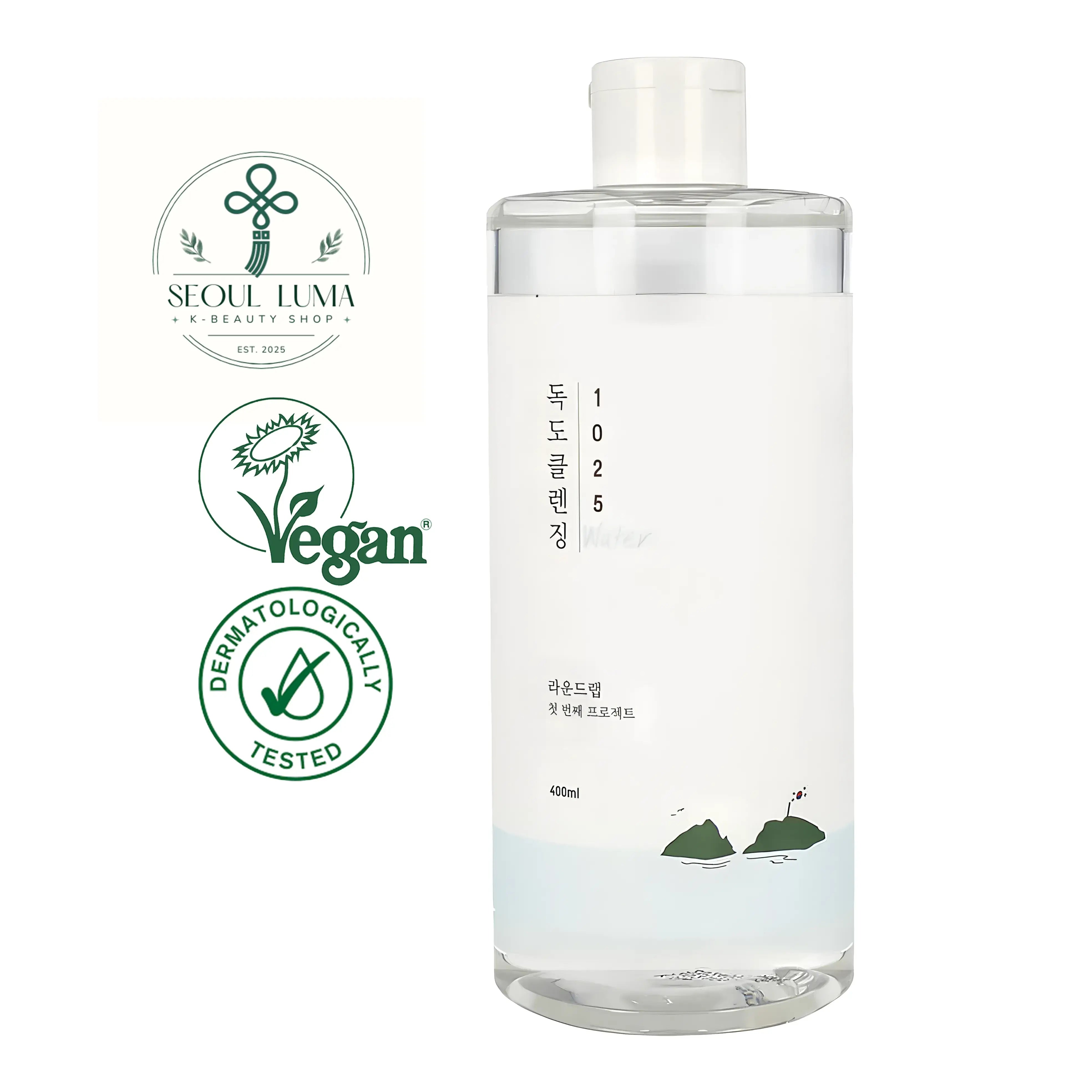 ROUND LAB 1025 Dokdo Cleansing Water with triple hyaluronic acid, deep sea minerals, and micellar technology for gentle makeup removal
