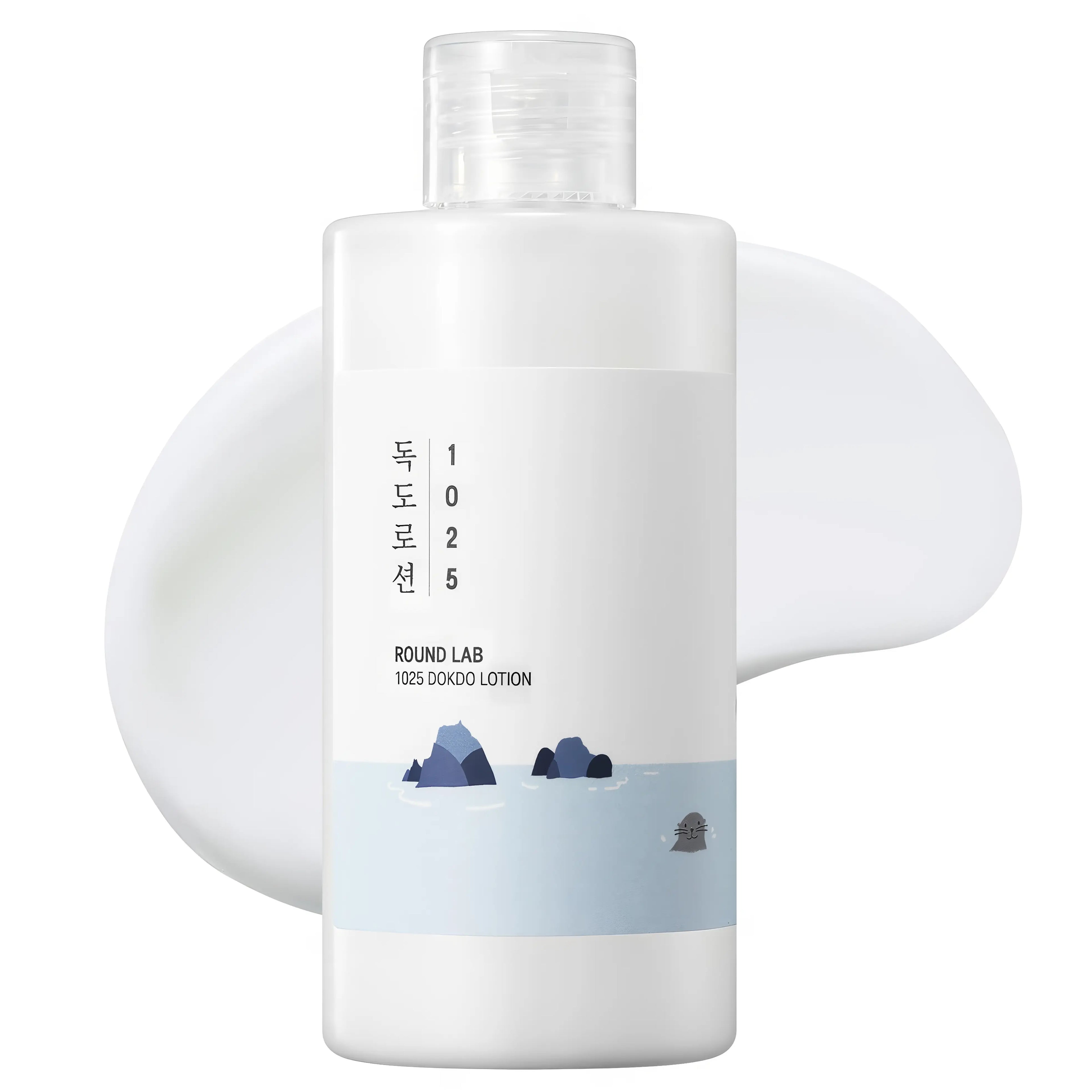 Round Lab 1025 Dokdo Lotion, lightweight watery moisturizer for dry, sensitive, all skin types with triple hyaluronic acid, macadamia seed oil, red algae extract, panthenol, squalane, vitamin E, sugarcane extract, centella asiatica to deeply hydrate, soothe irritation, repair barrier, brighten tone, and plump skin without stickiness.
