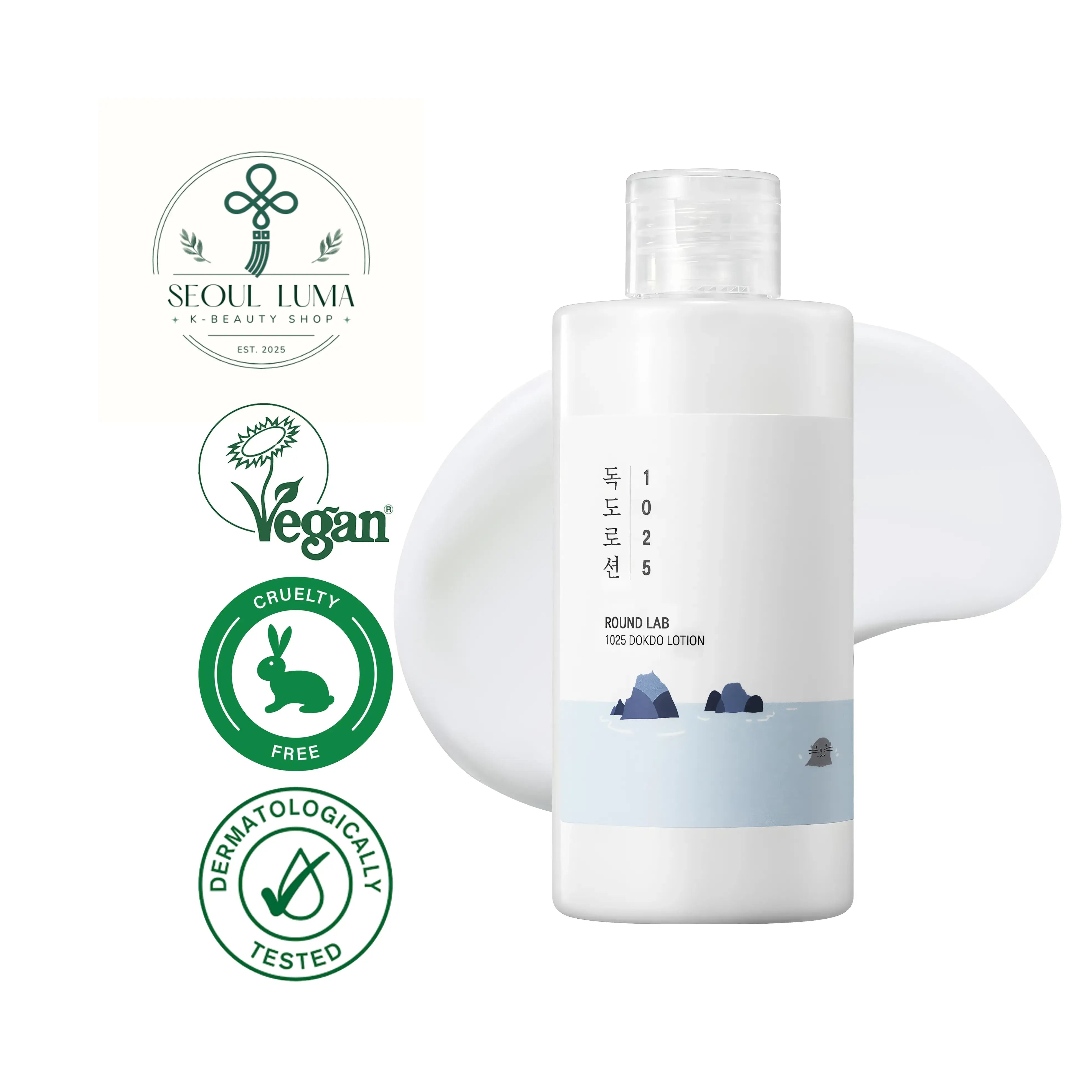 ROUND LAB 1025 Dokdo Lotion with triple hyaluronic acid, deep sea water, and 74 natural minerals for lasting hydration and barrier repair