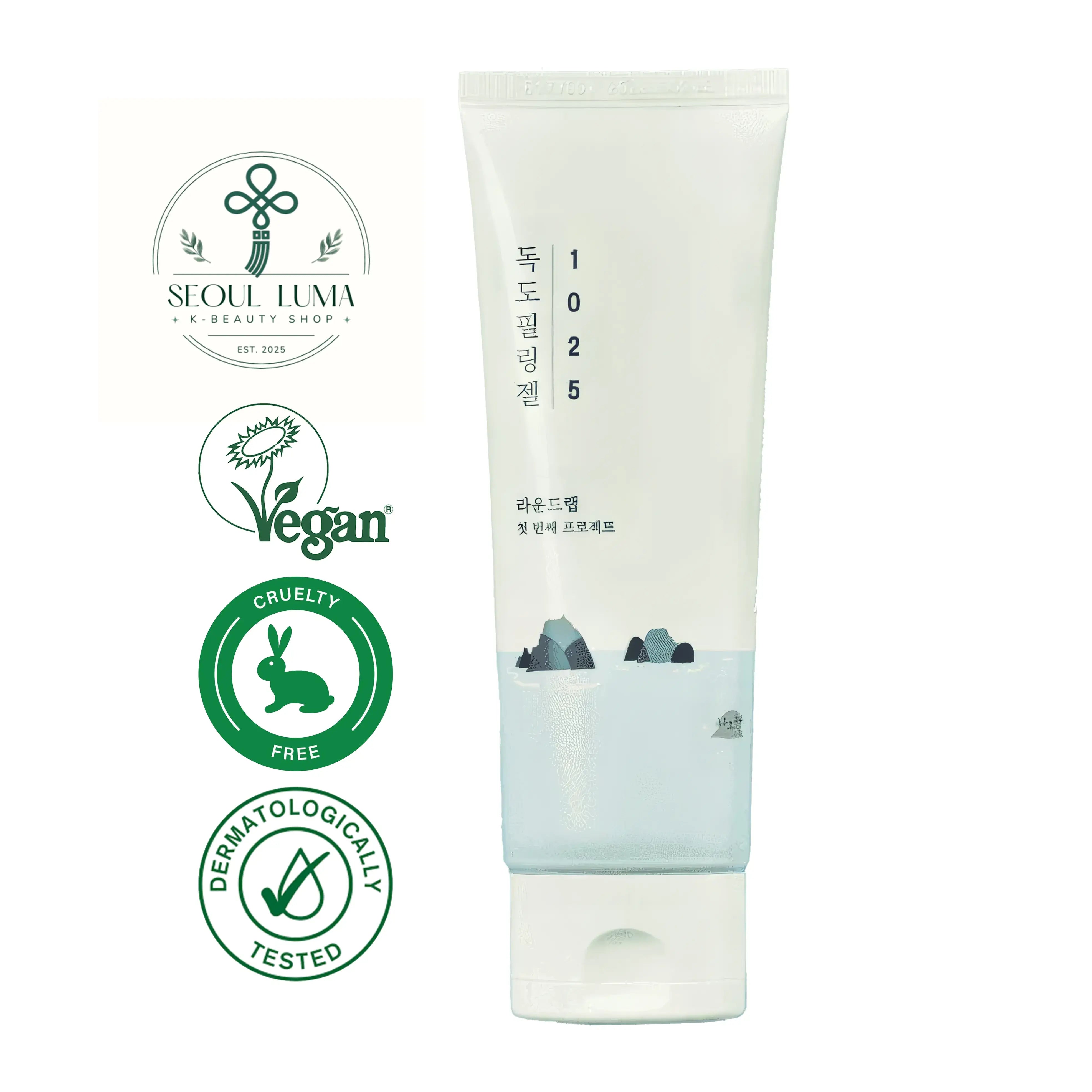 ROUND LAB 1025 Dokdo Peeling Gel with HATCHING EX-07, 8 types of hyaluronic acid, and cellulose for gentle physical and chemical exfoliation