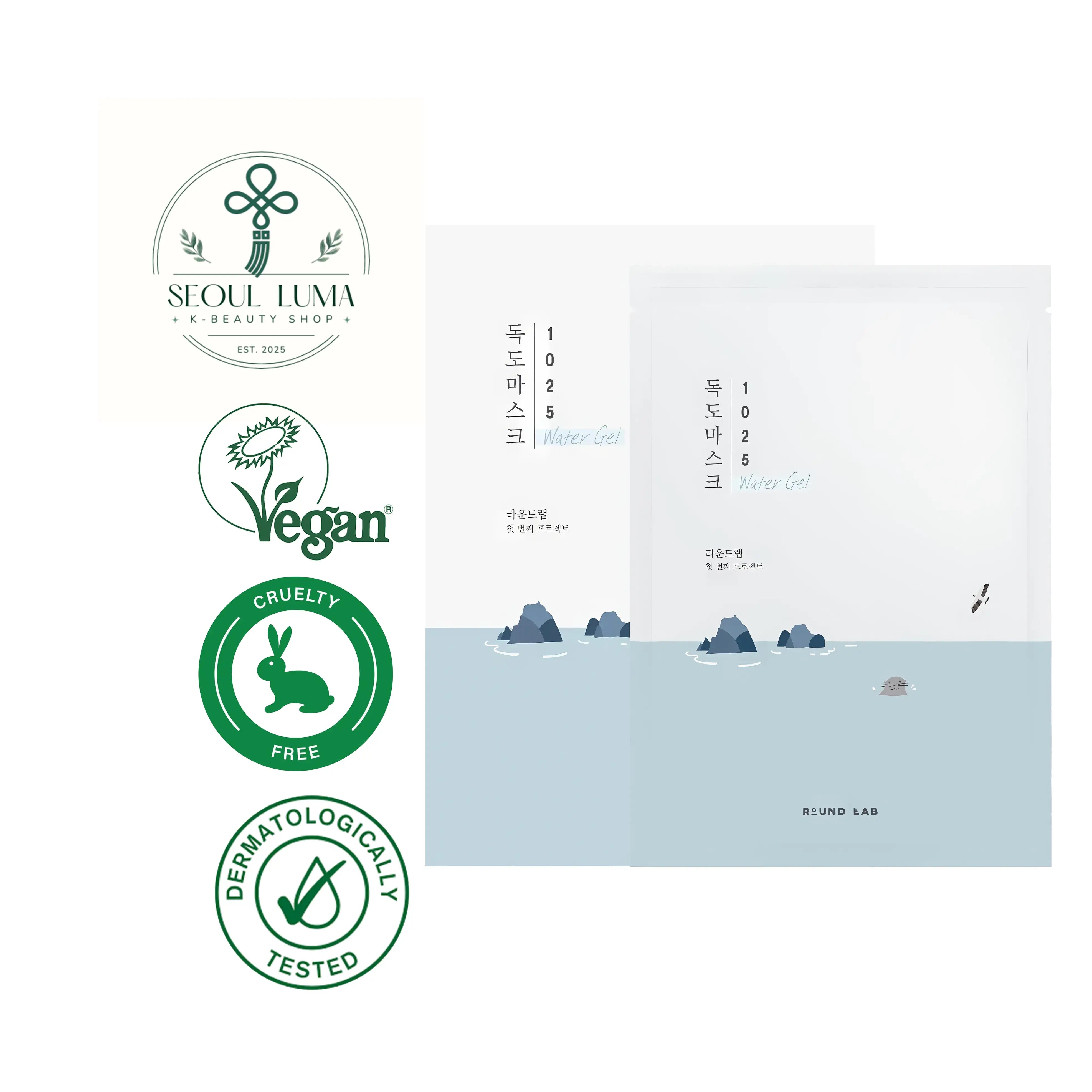 ROUND LAB 1025 Dokdo Water Gel Mask Sheet with 8 hyaluronic acids, deep sea water, and HATCHING EX-07 for intensive hydration