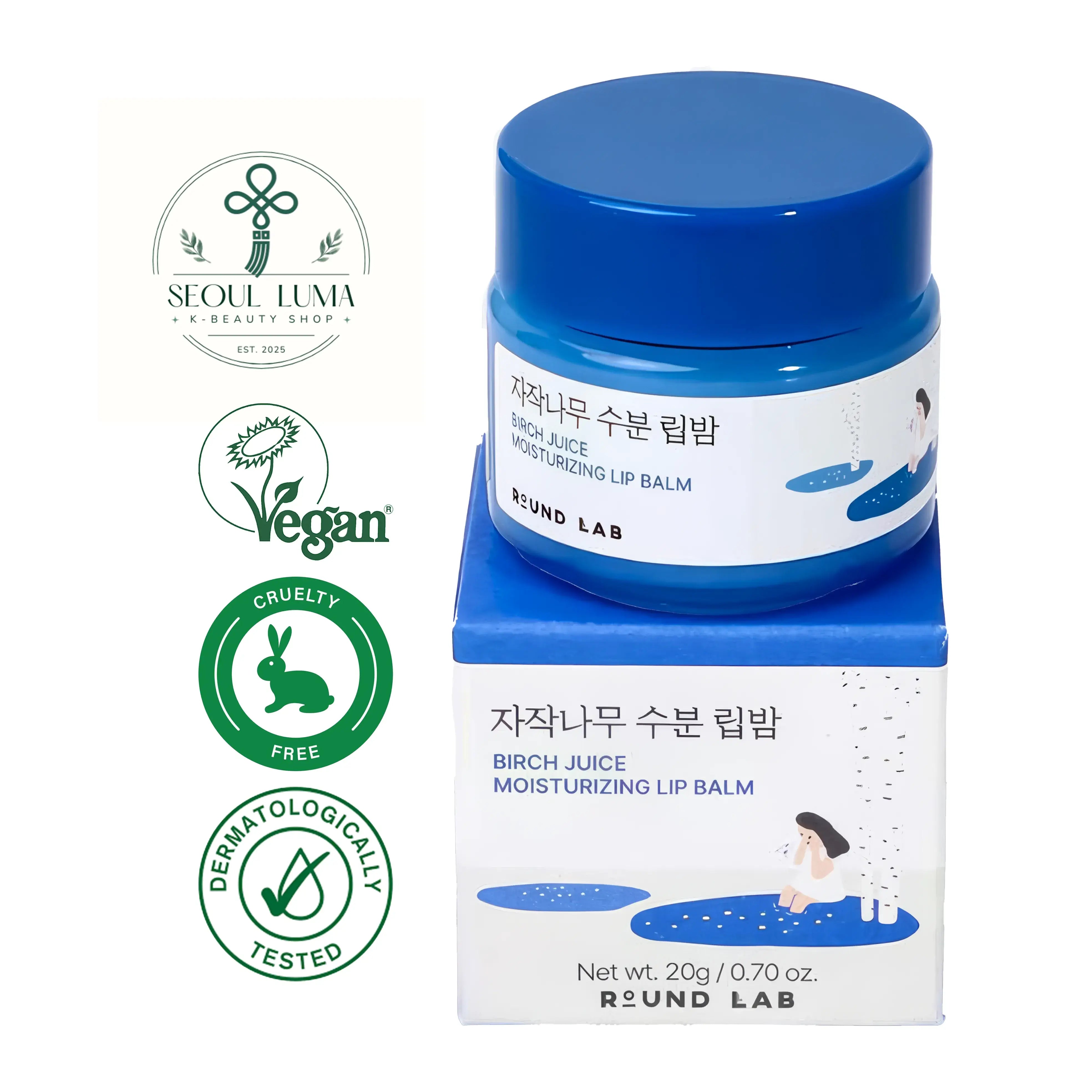 ROUND LAB Birch Juice Moisturizing Lip Balm with birch sap, triple hyaluronic acid, and premium oils for ultimate lip hydration and smoothing