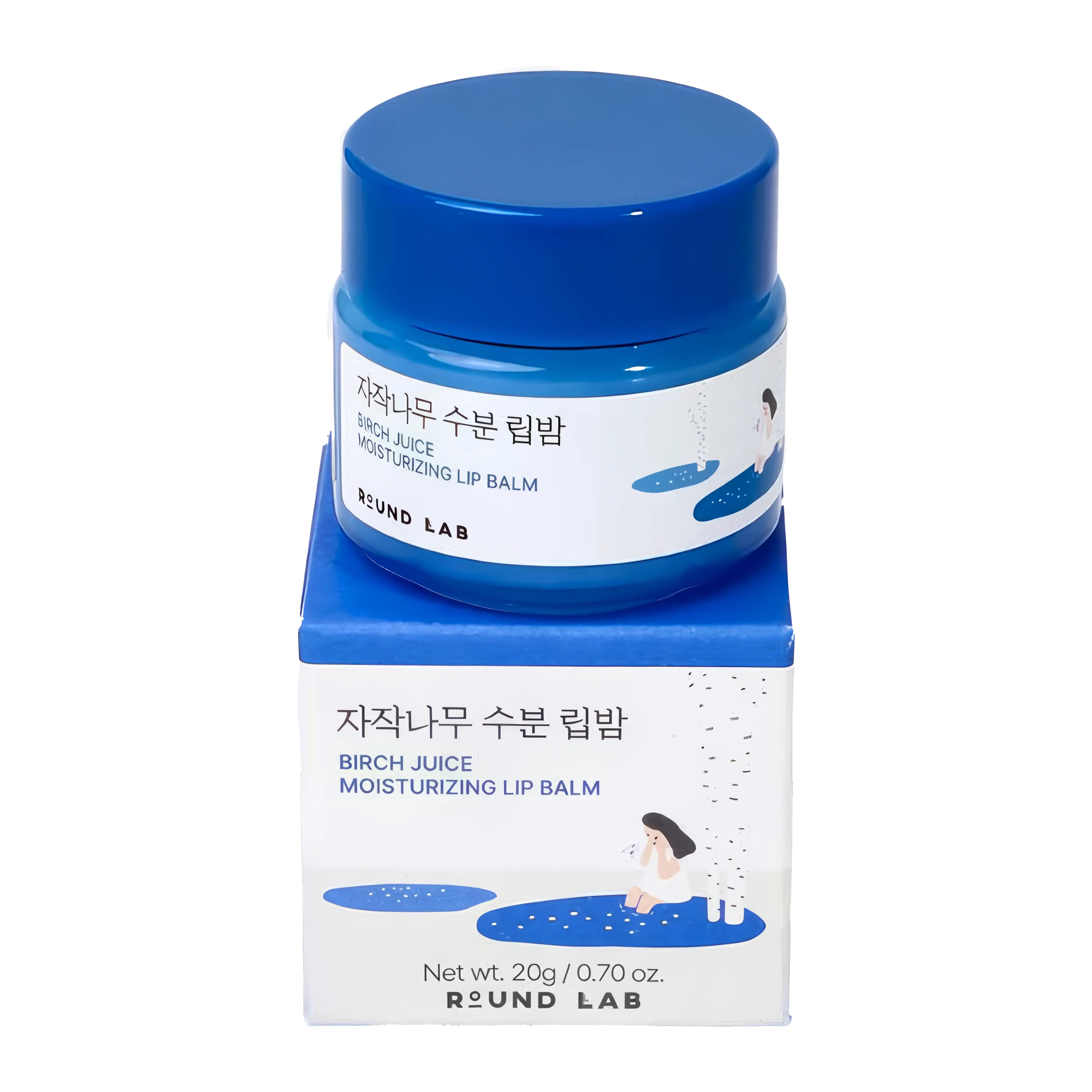 Round Lab Birch Juice Moisturizing Lip Balm (20g), nourishing melting balm for dry, chapped lips with Inje birch sap, 3 hyaluronic acids, squalane, 5 plant oils (jojoba, macadamia, sweet almond, argan, olive), vitamin C/E, betulin, glyceryl glucoside to deeply hydrate, smooth wrinkles, brighten tone, repair barrier, and provide glossy moisture.