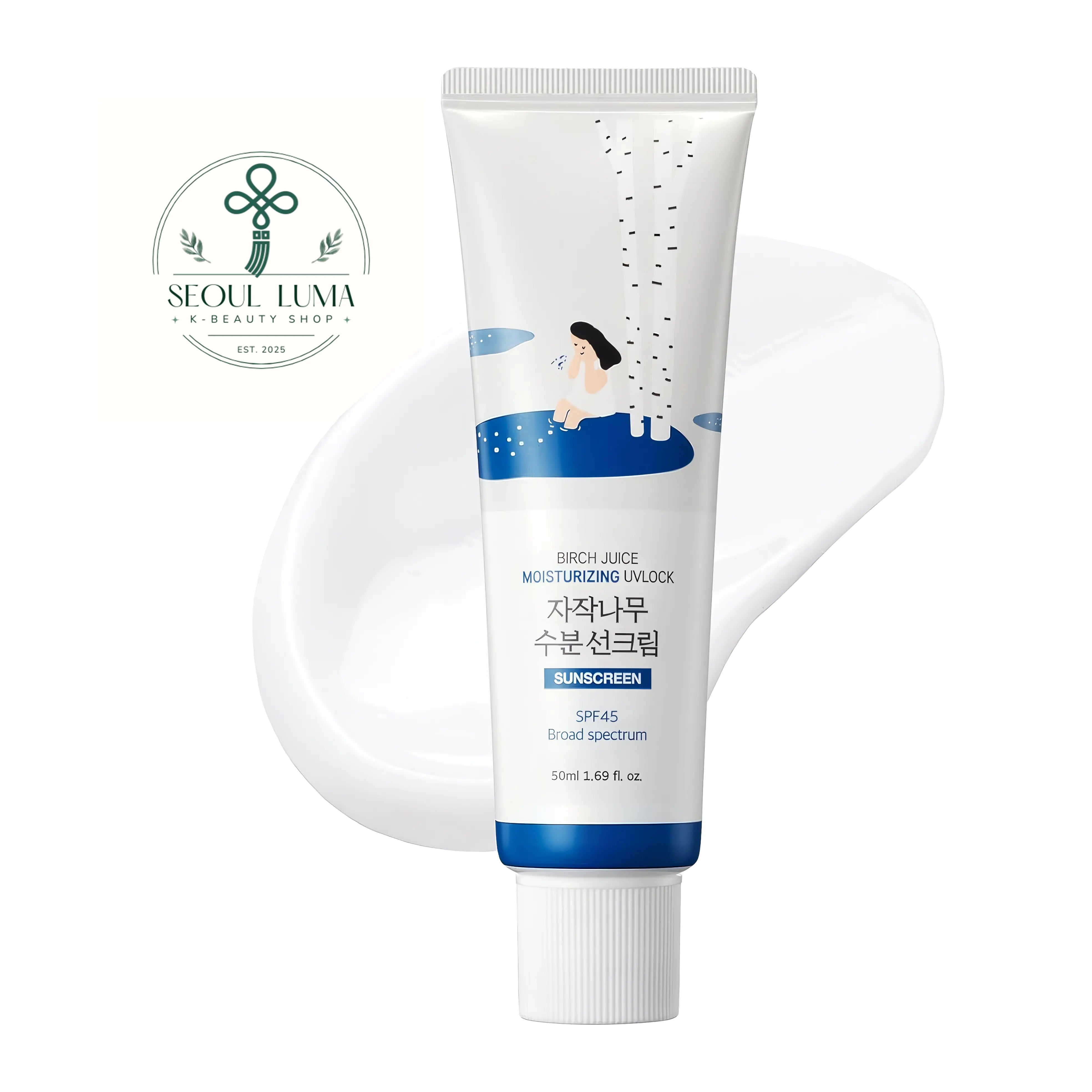 Round Lab Birch Juice Moisturizing Sunscreen SPF50+ PA++++ (50ml). A lightweight, hydrating chemical sunscreen with birch sap and hyaluronic acid that absorbs quickly without a white cast or sticky residue