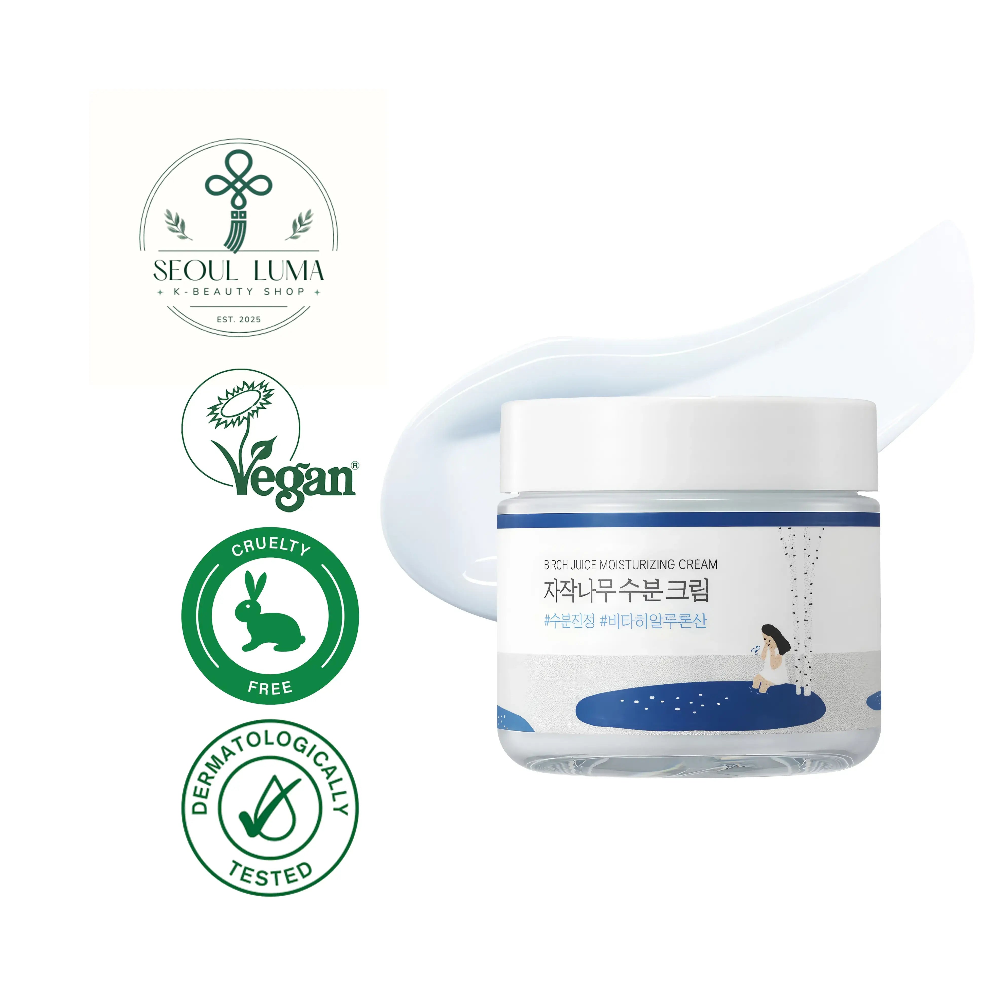 ROUND LAB Birch Moisturizing Cream with 10,000ppm birch juice, dual hyaluronic acid, and jojoba esters for intensive hydration and barrier repair