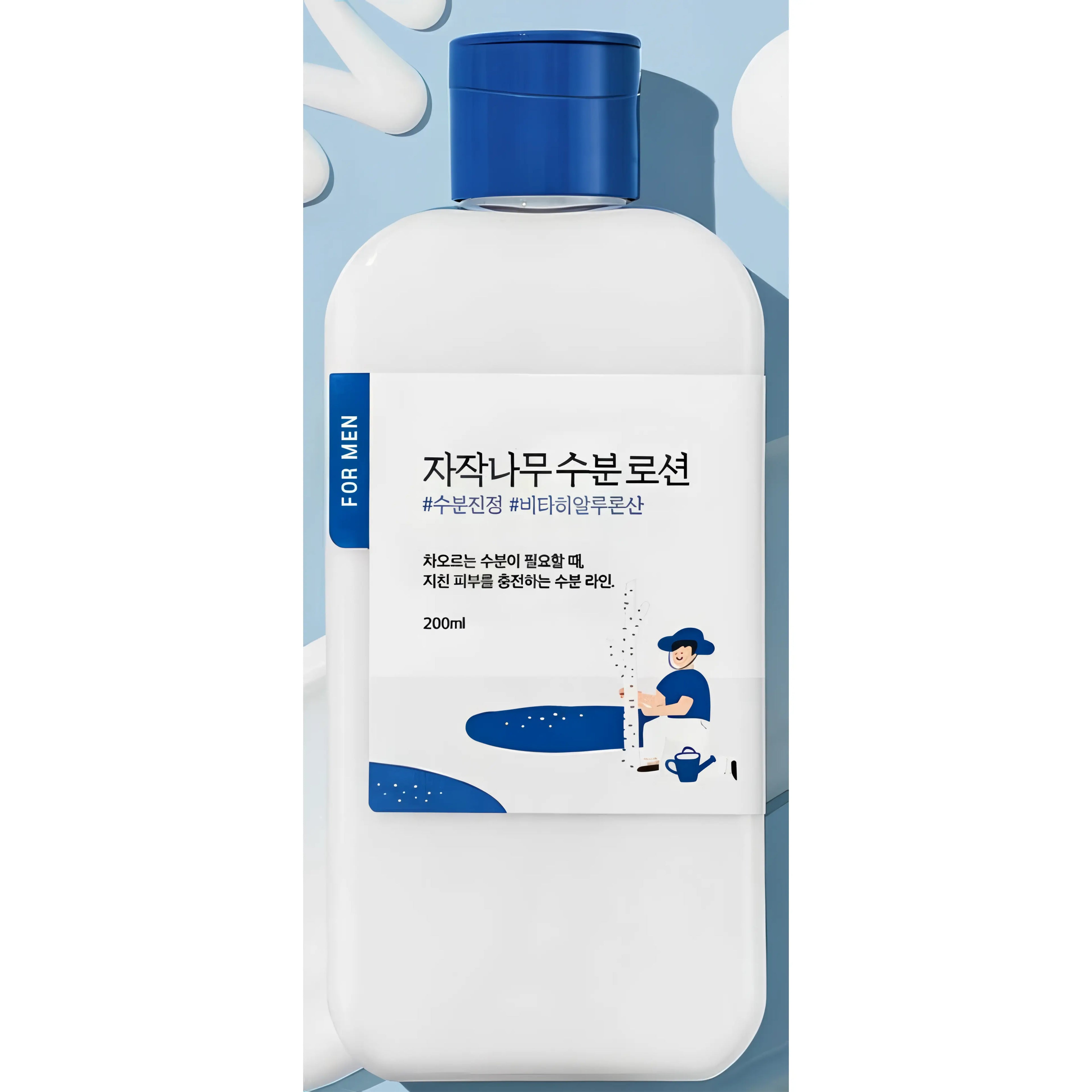 Round Lab Birch Moisturizing Lotion For Men (200ml), lightweight fast-absorbing lotion for men's oily, combination, sensitive skin with Inje birch sap, patented Tanine Complex, squalane, and vitamin C to balance oil-moisture, regulate sebum, refine pores, soothe razor burn, and provide deep non-sticky hydration.
