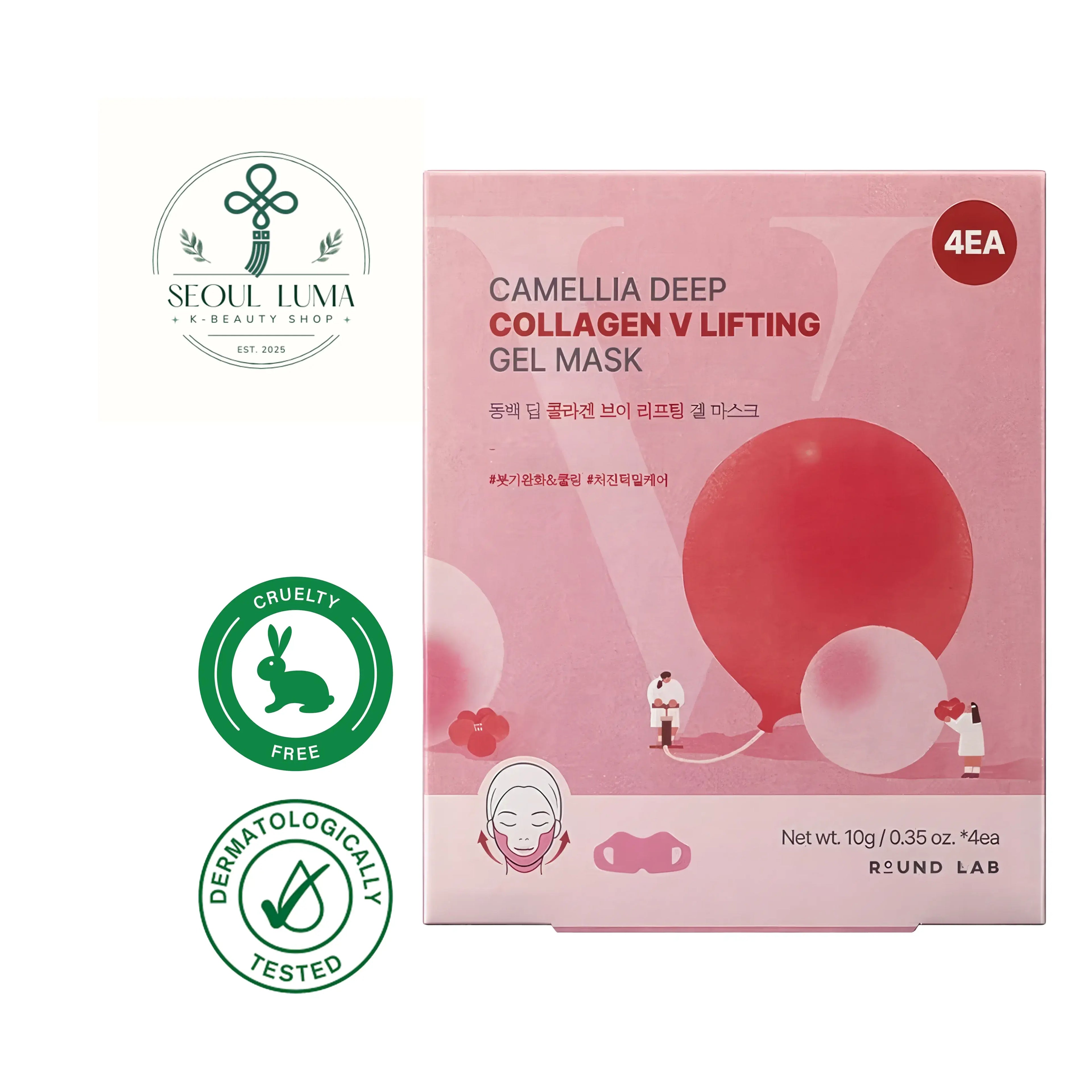 ROUND LAB Camellia Deep Collagen V-Lifting Gel Mask with CAMELLIA COLLAGENOL and specialized V-line design for jawline lifting and contouring