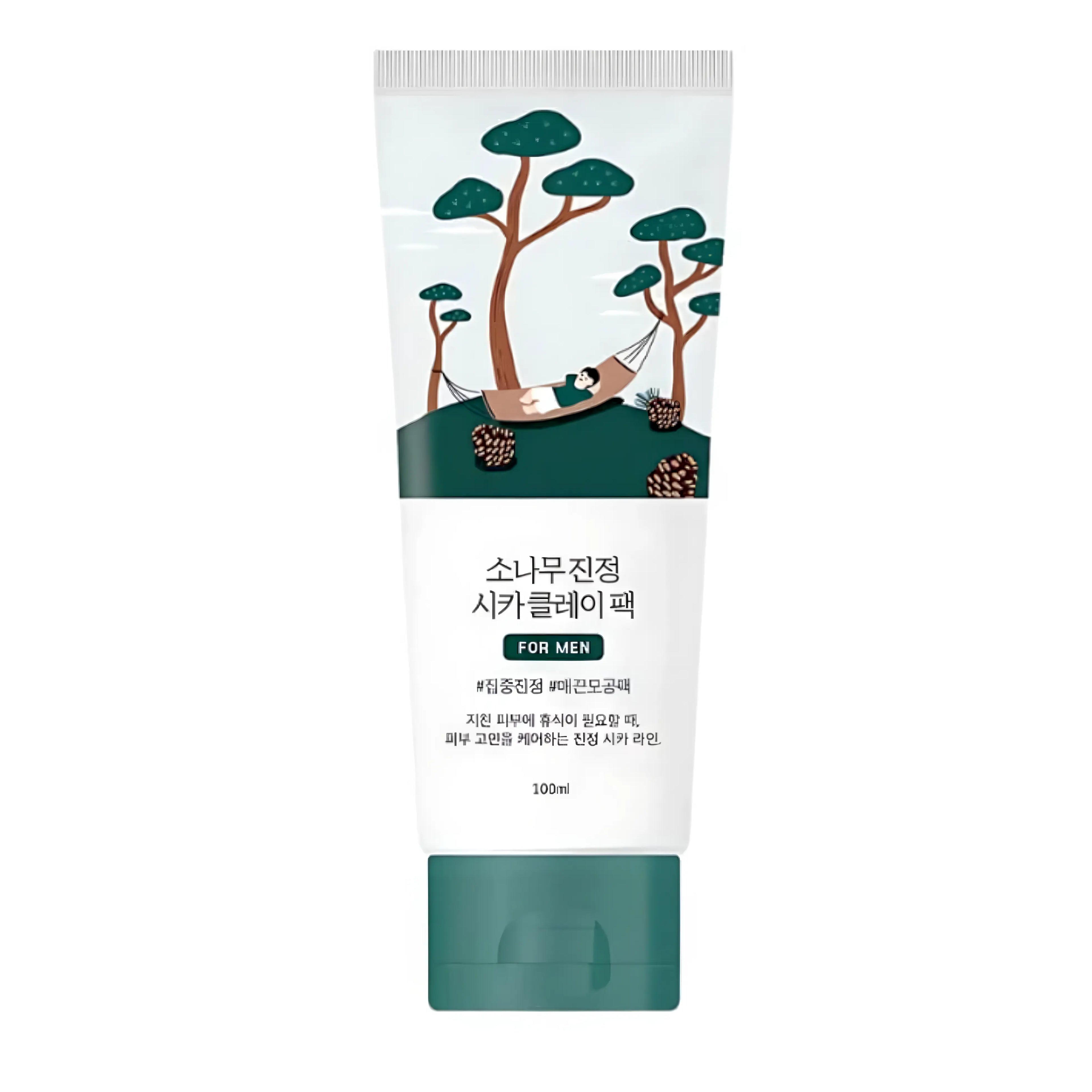 Round Lab Pine Calming Cica Clay Pack for Men (100ml), fast 2-minute pore-purifying mask for oily, troubled, sensitive skin with Pine Cica Activer, 5 types of clay, ACZERO complex, and mung bean powder to deeply detoxify pores, absorb excess sebum, soothe irritation, and remove dead skin cells.
