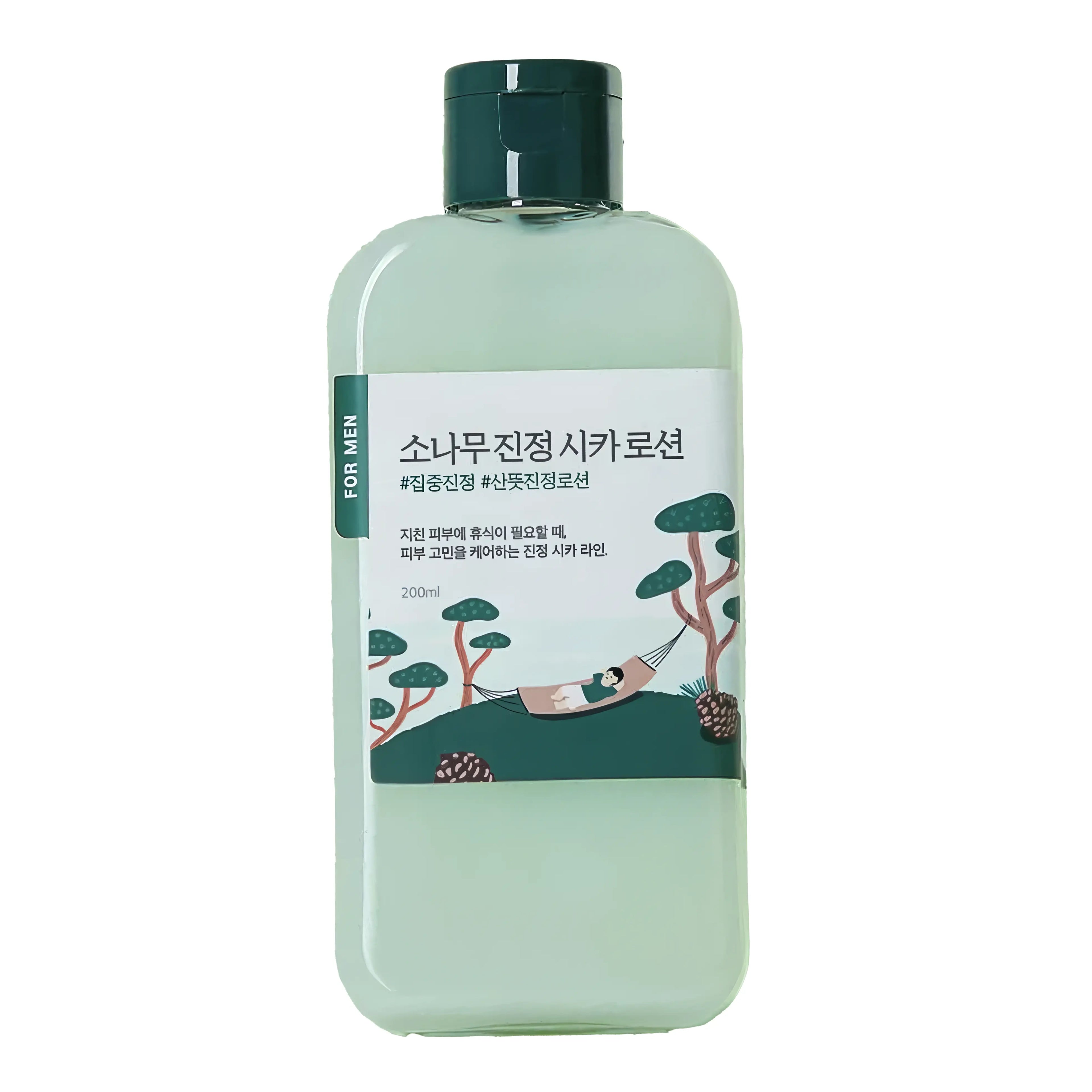 Round Lab Pine Calming Cica Lotion For Men (200ml), soothing lightweight lotion for men's troubled, oily, sensitive skin with Pinus Densiflora Leaf Extract, 3 hyaluronic acids, centella asiatica complex (asiaticoside, asiatic acid, madecassoside, madecassic acid), capryloyl salicylic acid, botanicals (neem, green tea, willow bark) to calm irritation, control sebum, gently exfoliate, hydrate deeply, and strengthen barrier.
