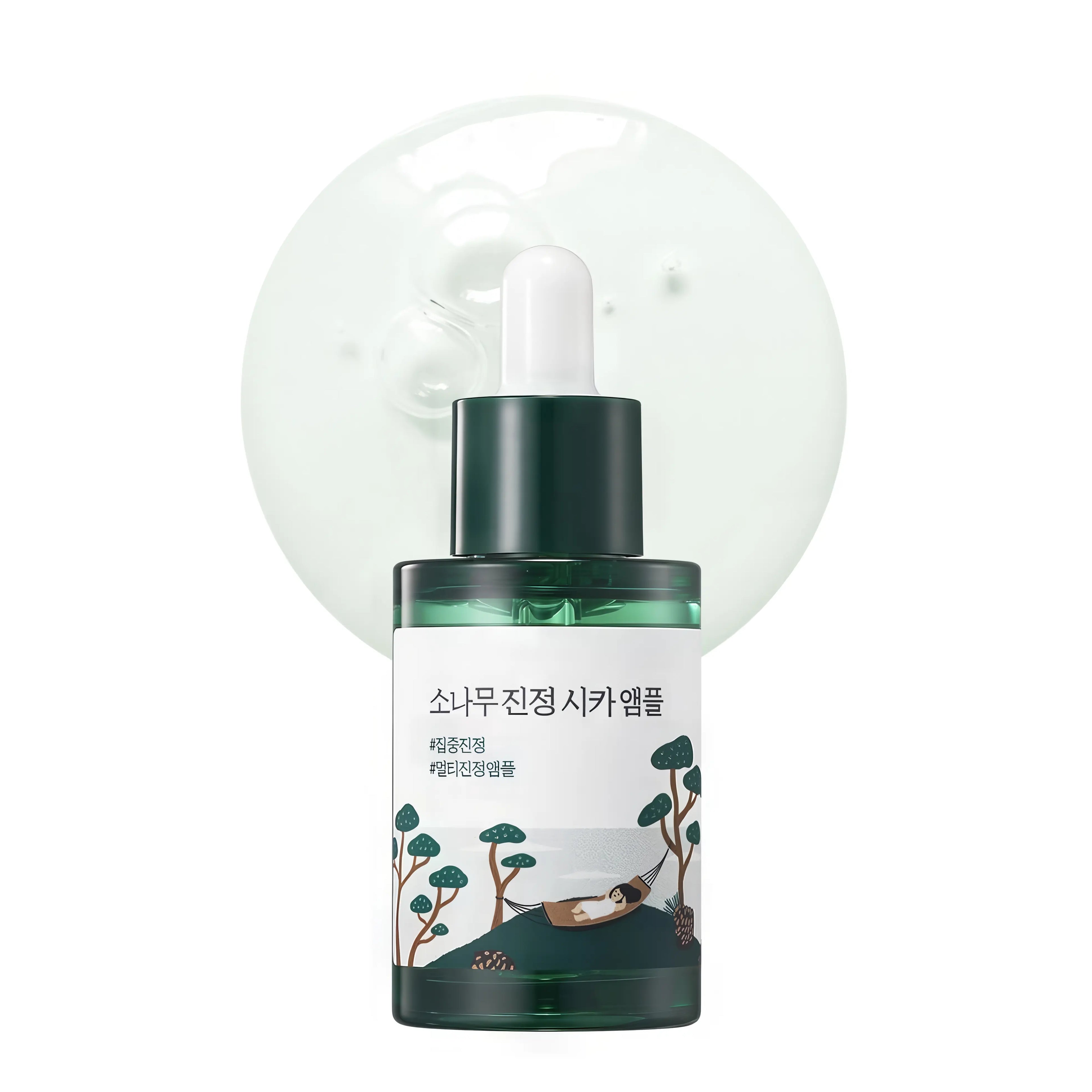Round Lab Pine Calming Cica Ampoule, soothing serum for irritated, acne-prone skin with pine leaf extract, 5-CICA, LHA, hyaluronic acid to calm redness, gently exfoliate, hydrate, and repair barrier.
